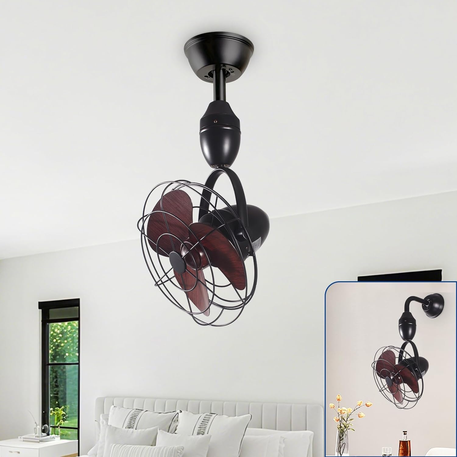 Depuley Oscillating Ceiling Fan with Remote: Black and Walnut Wall Mount Fan Ceiling for Patio - Caged Outdoor Wall Fan for Indoor Bedroom Kitchen - 80° Oscillation 100° Adjustable