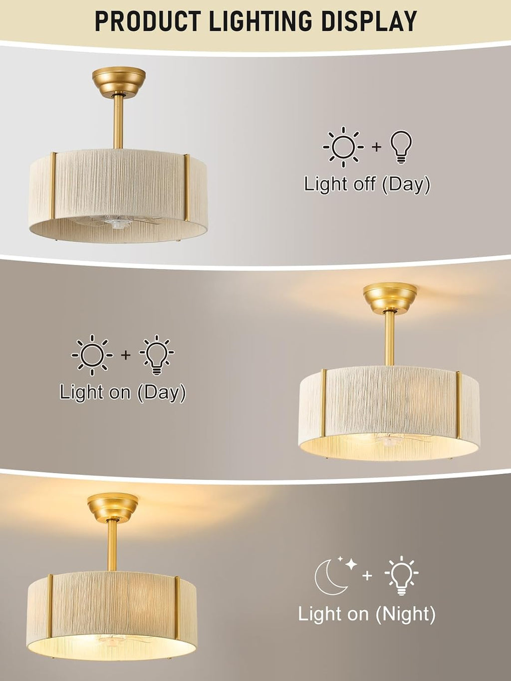 Boho Fandelier Ceiling Fan with Light, Rattan Caged Ceiling Fan with Light and Remote Control, Gold Chandelier Fan for Bedroom, Living Room,Kitchen,Foyer(20 Inch, 6 Speed, Timing,Adjustable Height)