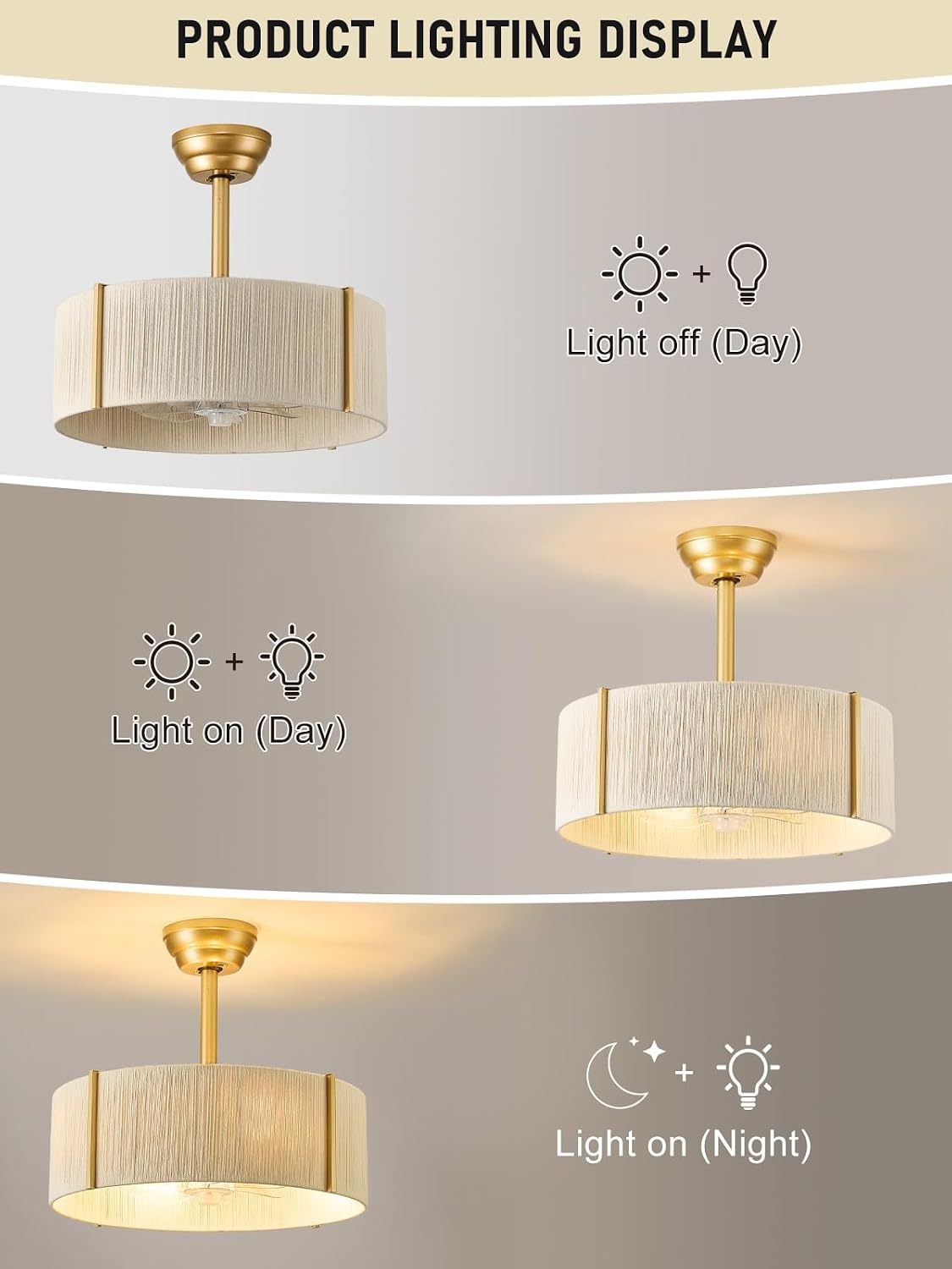 Boho Fandelier Ceiling Fan with Light, Rattan Caged Ceiling Fan with Light and Remote Control, Gold Chandelier Fan for Bedroom, Living Room,Kitchen,Foyer(20 Inch, 6 Speed, Timing,Adjustable Height)