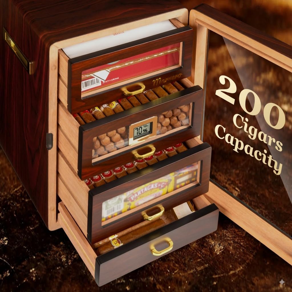 Desktop Cigar Humidor Cabinet Triple-Sided Light with Digital Hygrometer, Humidifier and Humidity Packs. 4 Cedar Wood Drawers, Cigar Humidor Box can Hold 200 Cigars. Present for Men
