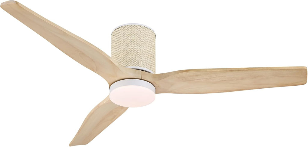 LEDLUX 52' Ceiling Fan with Light - Low Profile Flush Mount Ceiling Fan, 6-Speed Remote Control, Solid Wood, Quiet Reversible DC Motor, Boho Style, for Bedroom, Living Room, Porch, Light Oak/White