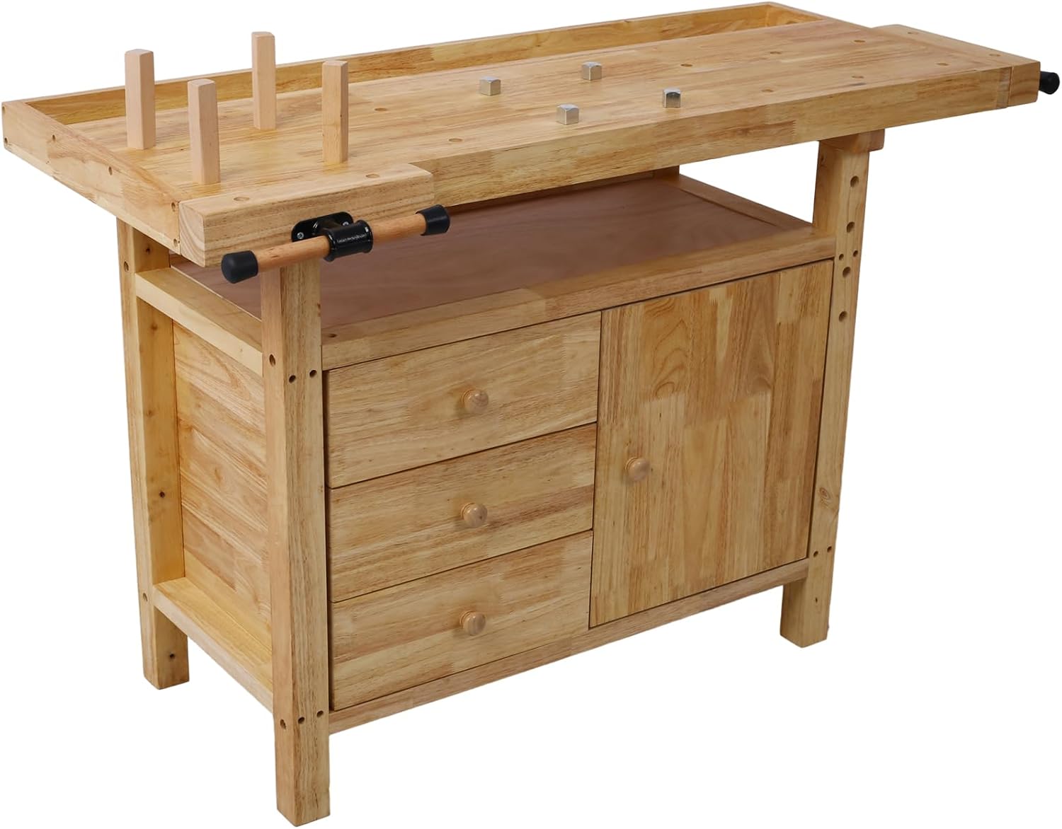 Tidyard Wooden Workbench, Heavy-Duty Rubberwood Work Table with Bar Clamps Set 12 inch and 16 inch, Four Metal Pillars, Drawers and Cabinet Storage for Garage Workshop Home DIY Projects