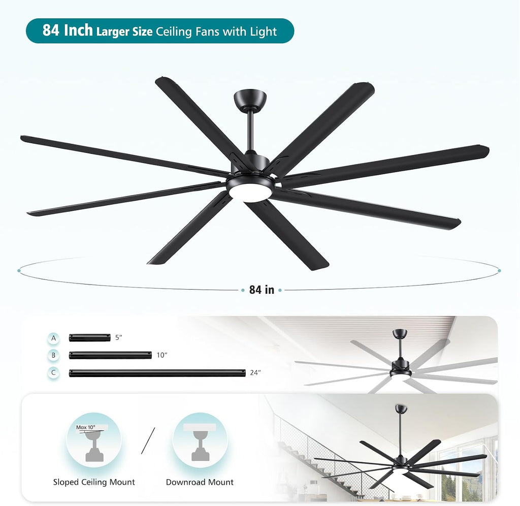 Modern 84 Inch Led Ceiling Fans With Lights, 1-6 Wind Speeds 3cct Black 84' Indoor | Outdoor Large Ceiling Fans With Lights And Remote For Warehouses Patios Porch Barns