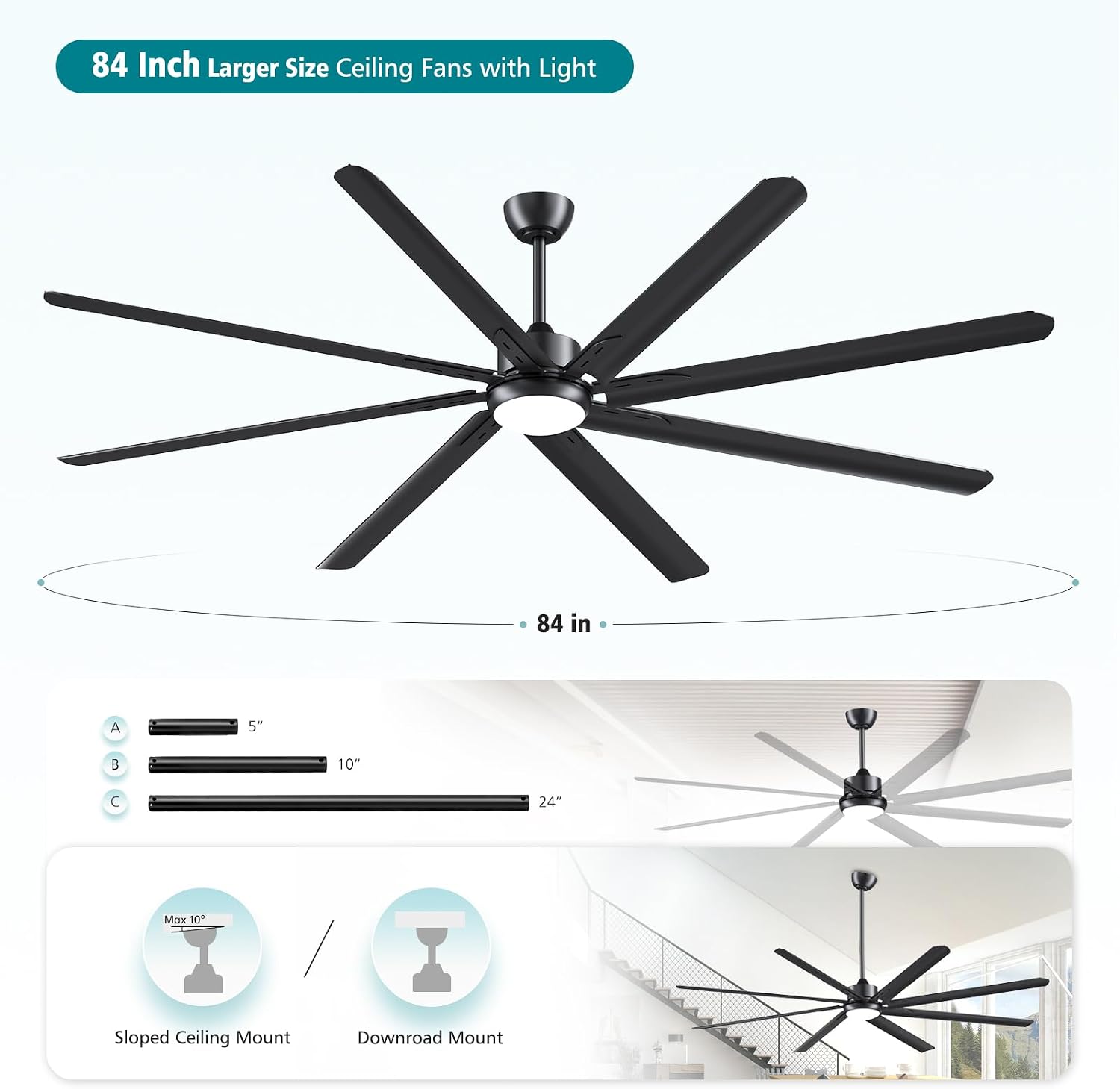 Modern 84 Inch Led Ceiling Fans With Lights, 1-6 Wind Speeds 3cct Black 84' Indoor | Outdoor Large Ceiling Fans With Lights And Remote For Warehouses Patios Porch Barns