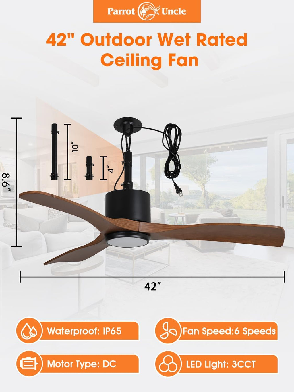 Parrot Uncle 42 Inch Outdoor Ceiling Fan with Light, IP65 Ceiling Fans with Lights and Remote, 3CCT 6-Speed Quite DC Motor, Wet Rated Plug in Ceiling Fan for Patios Porch Pergola (Walnut & Black)