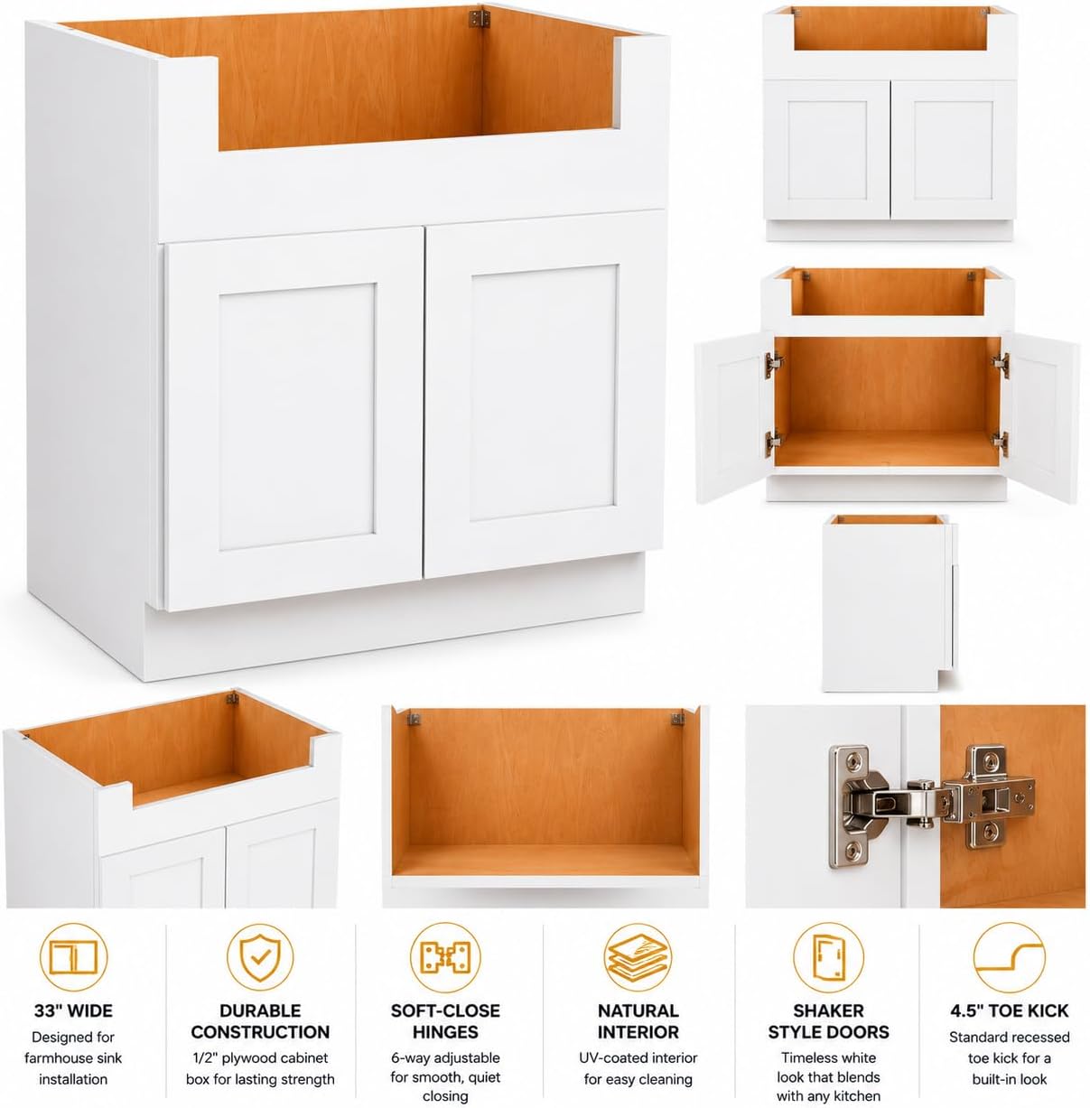 33 Inch RTA Kitchen Sink Base Cabinet - Solid Wood Shaker Style Farmhouse Cabinet with Soft Close Doors, Fits 24-30 Inch Undermount Sinks, Ready to Assemble (White)