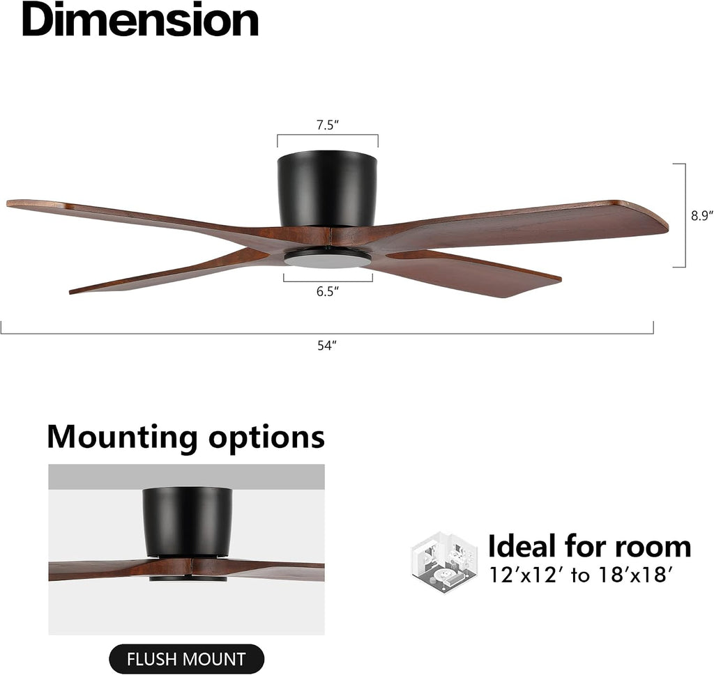 WINGBO 54 Inch Flush Mount DC Ceiling Fan without Lights, 4 Reversible Carved Wood Blades, 6-Speed Noiseless DC Motor, Hugger Ceiling Fan No Lights in Matte Black Finish with Walnut Blades, ETL Listed