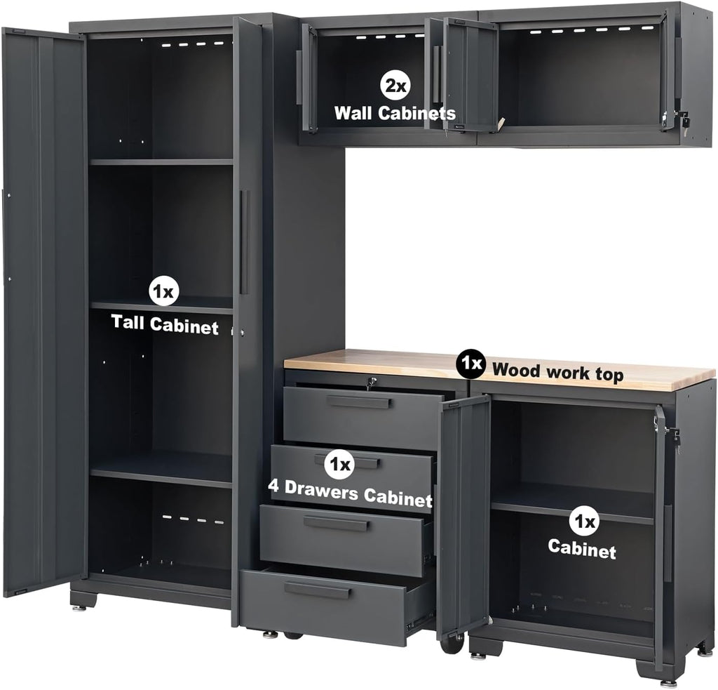 Torin Garage Cabinets Storage System: 6 Piece Set with Lockers and Workbench for Home, Office, Gym, School, Black/Grey,AGPZ112B