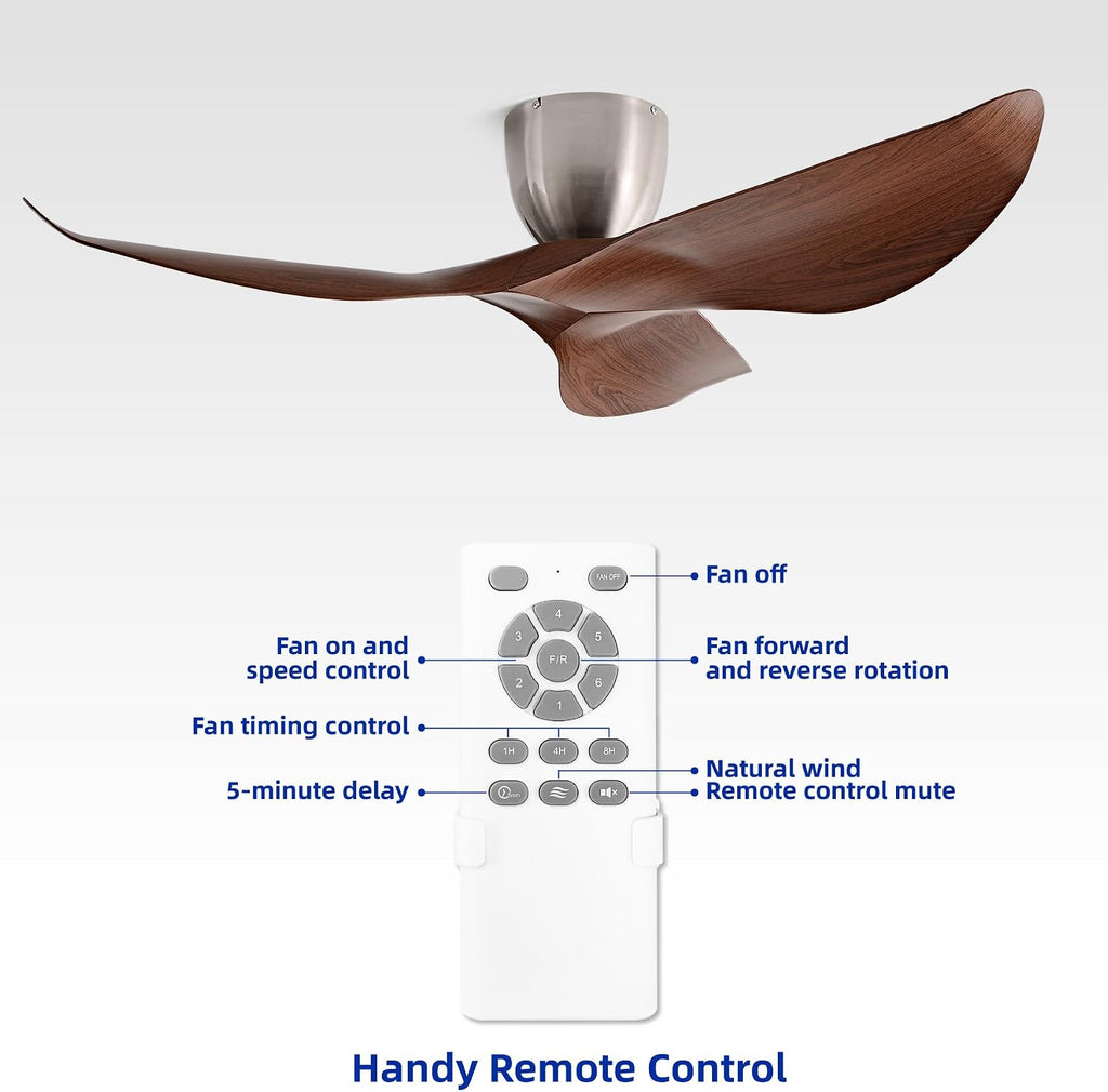 52' Walnut Color Flush Mount Ceiling Fan with Remote, No Light | Modern Low-Profile, Heat Resistant ABS Blades, 6-Speed Reversible Quiet DC Motor for Balcony, Living Room, Bedroom