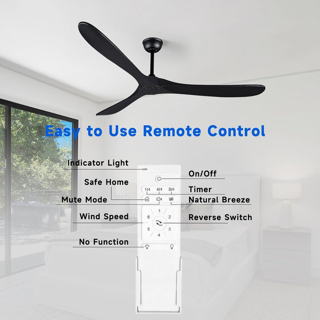 Bigzone 70' Black Ceiling Fan Without Light, 3 Solid Wood Blades, Outdoor Ceiling Fan with Remote, Reversible Motor
