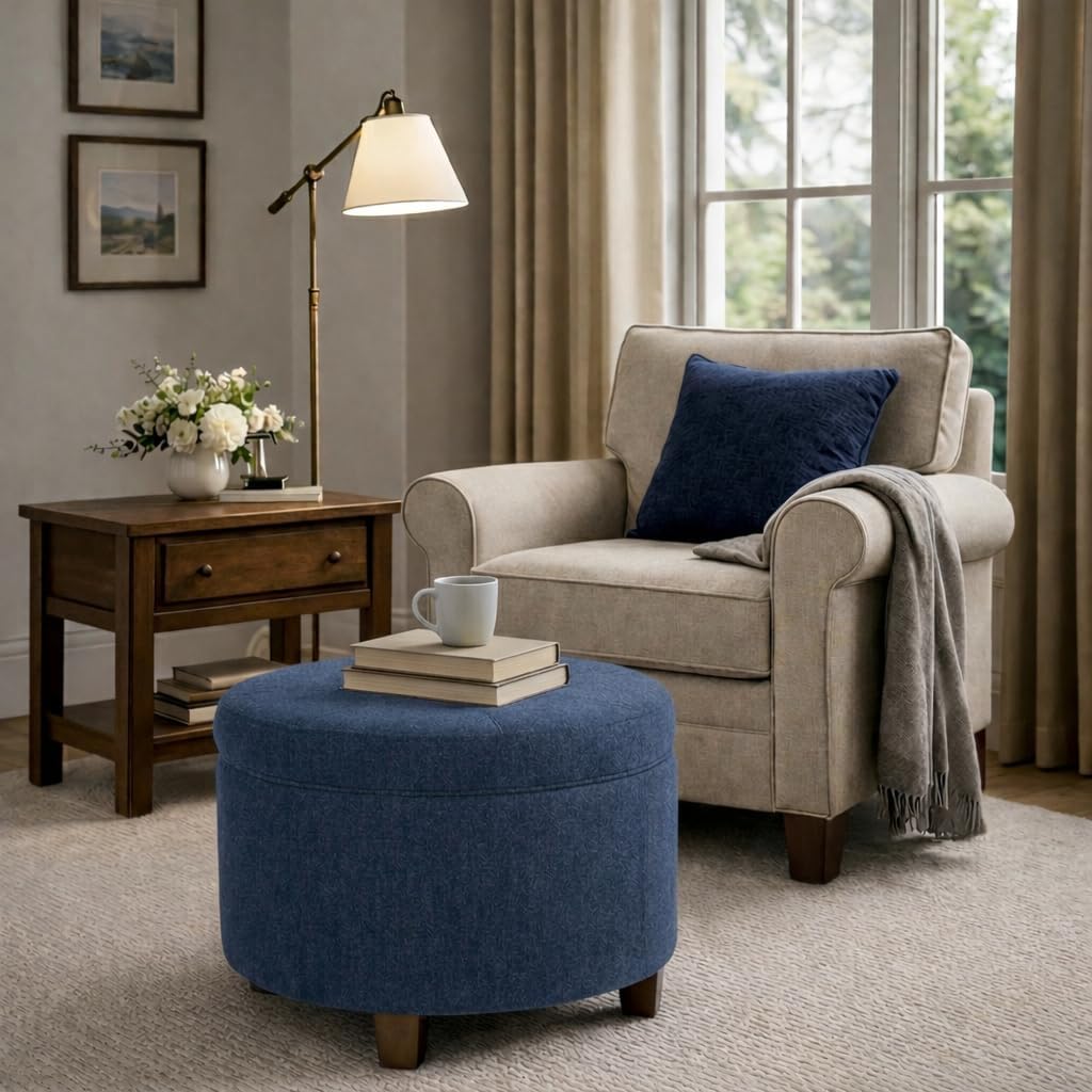 HomePop 24' Large Round Storage Ottoman - Blue Woven Fabric