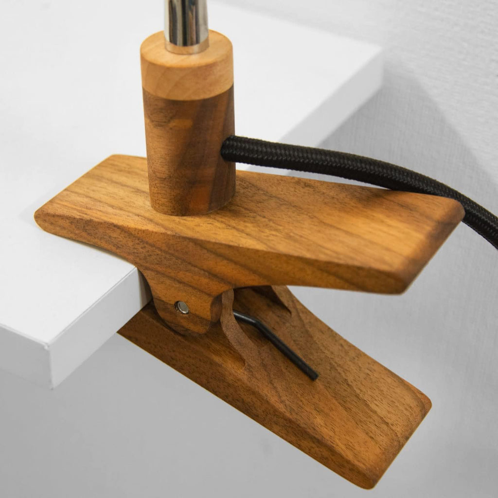 Wooden Clamp Table Lamp - Led Wood Desk Modern Lamps for Reading. Vintage Unique Bedside Clip Light for Living Room, Bedroom, Office. Mid-Century Scandinavian Design.