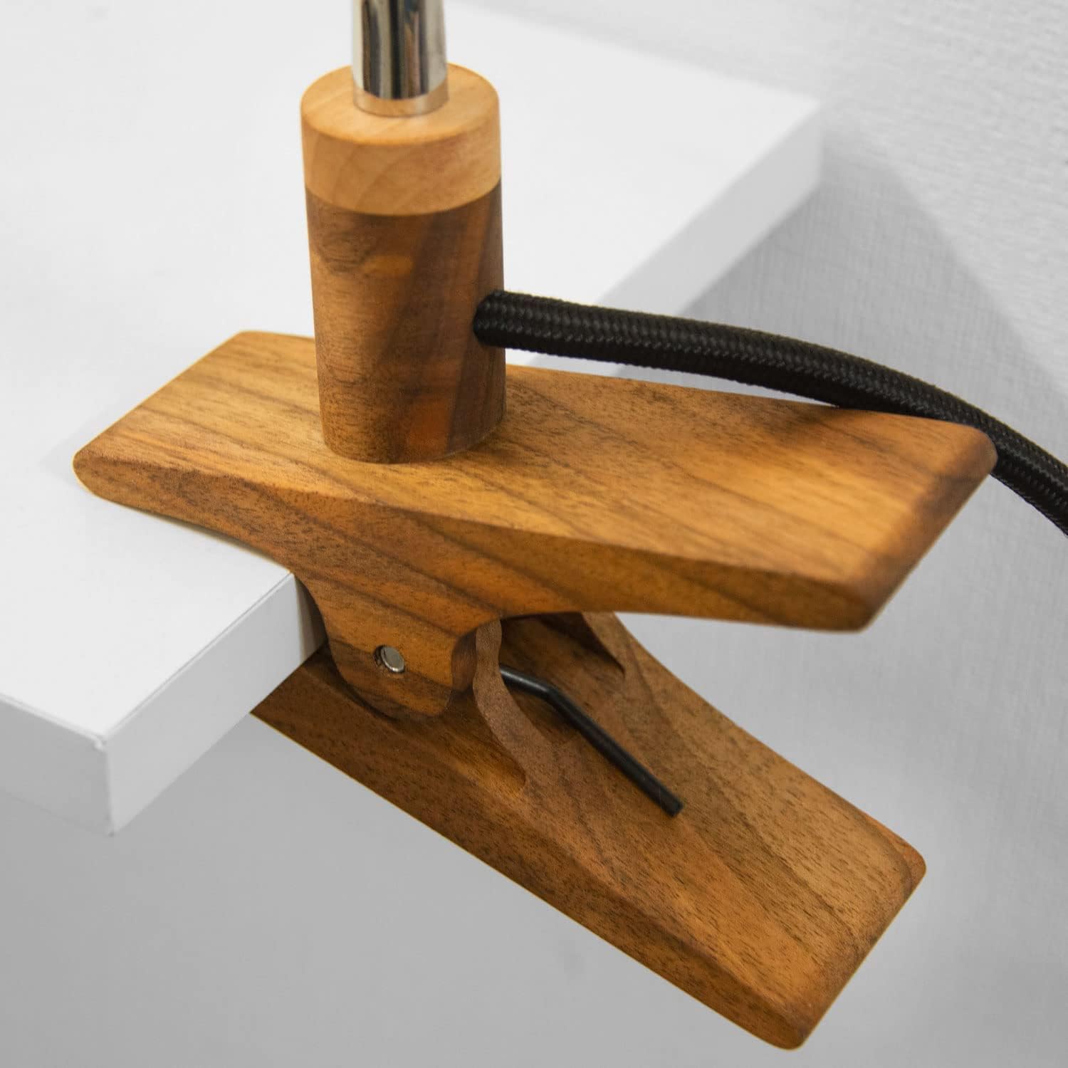 Wooden Clamp Table Lamp - Led Wood Desk Modern Lamps for Reading. Vintage Unique Bedside Clip Light for Living Room, Bedroom, Office. Mid-Century Scandinavian Design.