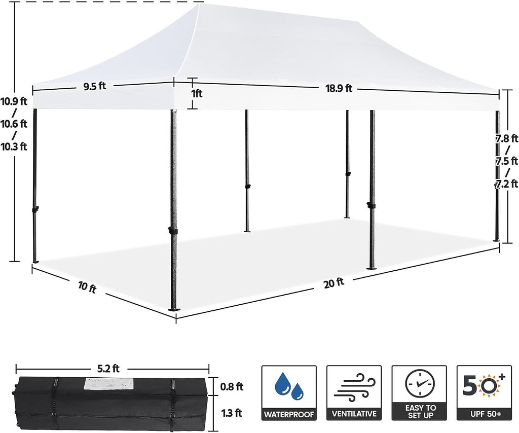 Yaheetech Heavy Duty Pop Up Canopy Tent, 10x20 Commercial Instant Shelter Tent for Wedding, Parties, Adjustable Outdoor Canopy with Wheeled Carry Bag, 6 Sandbags & 10 Stakes, White