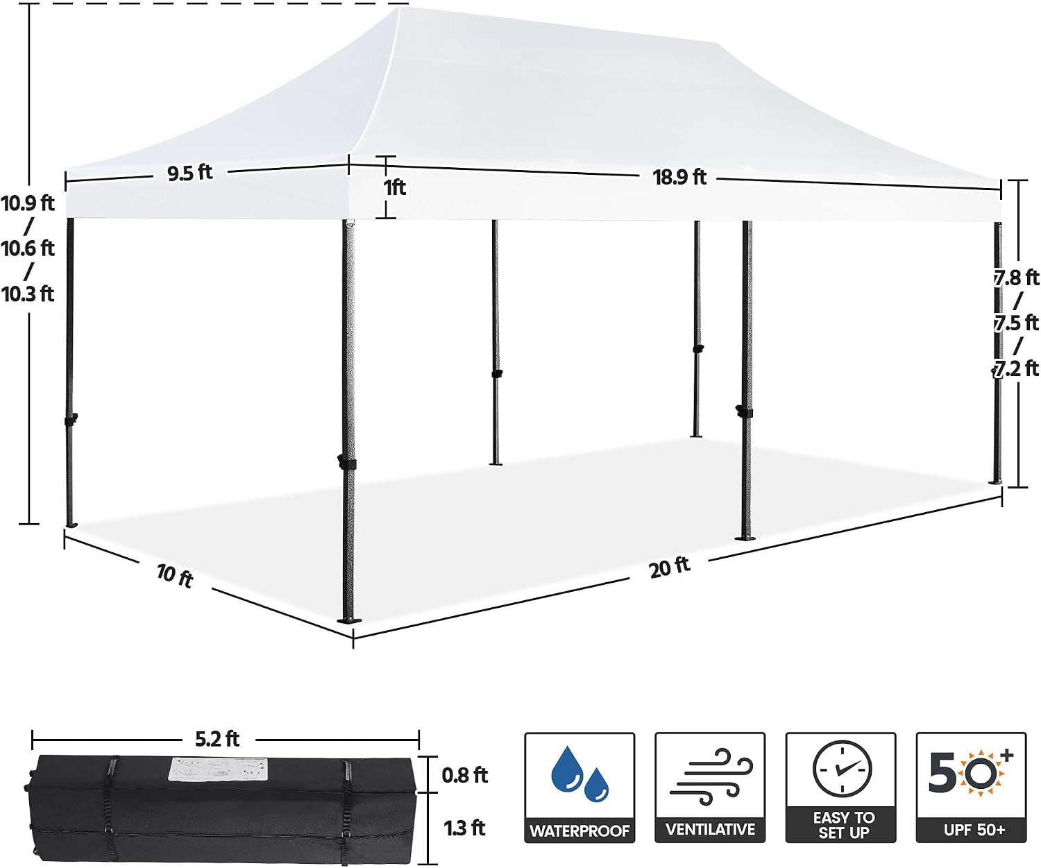 Yaheetech Heavy Duty Pop Up Canopy Tent, 10x20 Commercial Instant Shelter Tent for Wedding, Parties, Adjustable Outdoor Canopy with Wheeled Carry Bag, 6 Sandbags & 10 Stakes, White