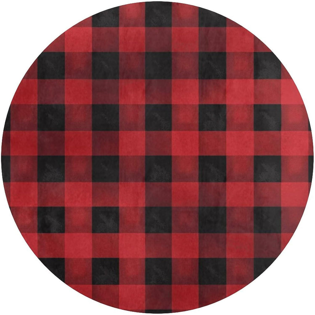 Red Black Buffalo Check Plaid Pattern Coral Velvet Round Floor Mat Non-Slip Bath Rug Floor Covering for Bathroom Vanity Guest Suite & Vacation Home