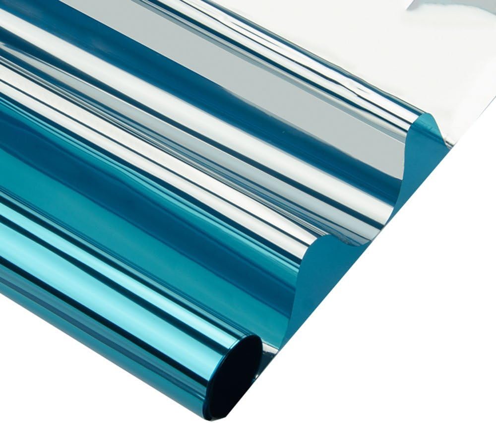 HOHOFILM 60' x 33ft Roll Blue Silver Window Film Daytime Privacy One Way Vision Sun Blocking Mirror Heat Reduction Reflection Adhesive for Glass