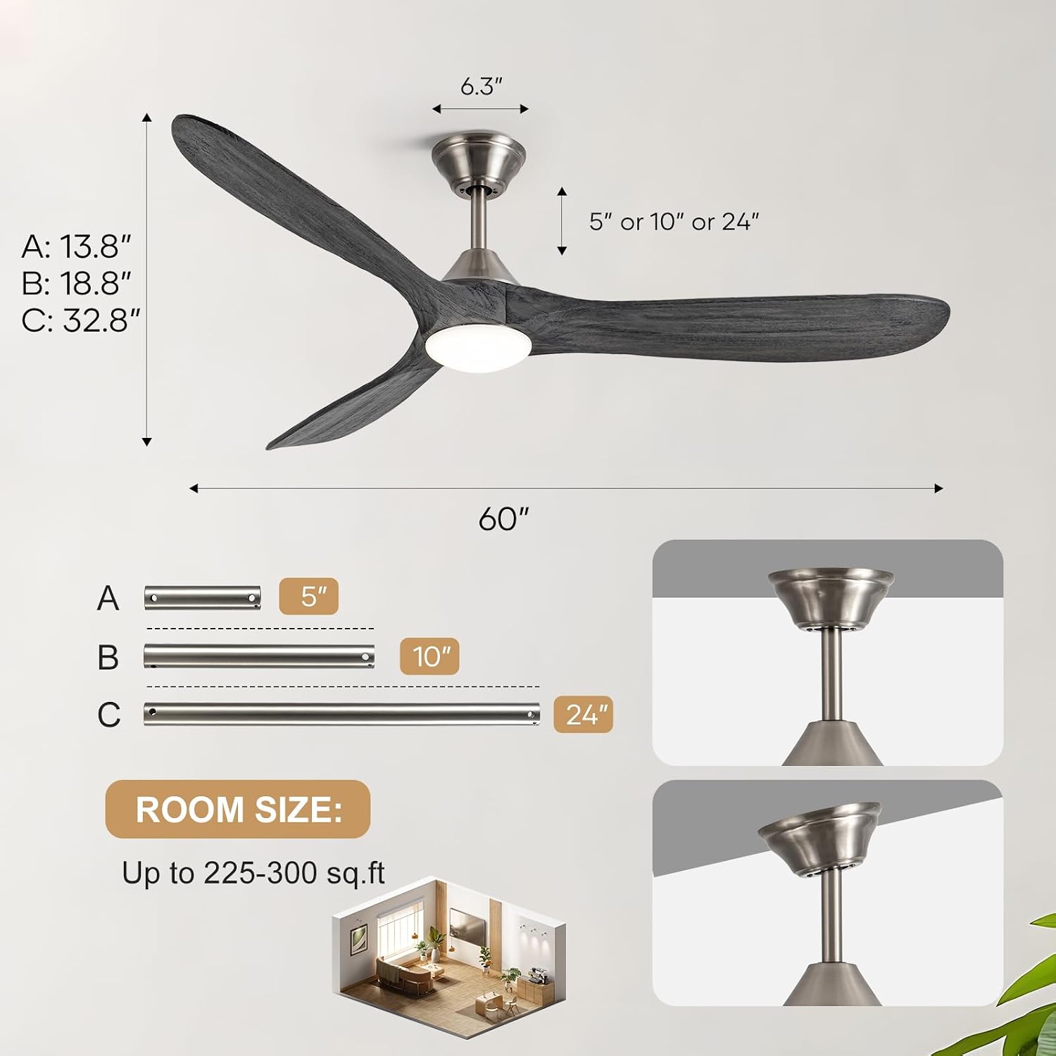 Outdoor Ceiling Fan with Light, 60 inch Ceiling Fan with Light and Remote, Modern Wood Ceiling Fans, Reversible Quiet DC Motor, High CFM, Dimmable Ceiling Fans for Indoor/Outdoor Nickel+Gray