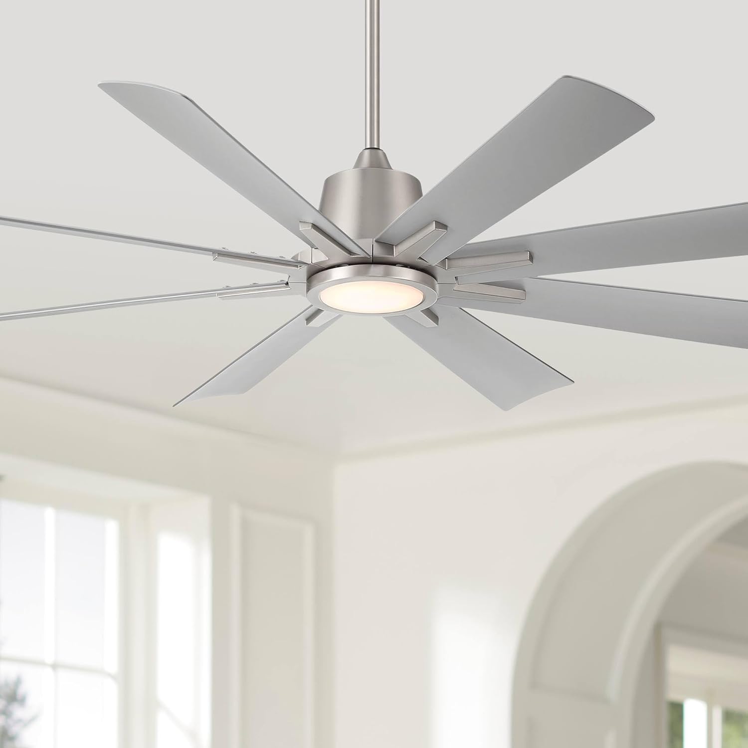Casa Vieja 54' Inspirit Modern Industrial Indoor Outdoor Ceiling Fan 8 Blade LED Light Remote Control Brushed Steel Finish Silver Blades Bedroom Patio Living Room Damp Rated Decorative DC Motor