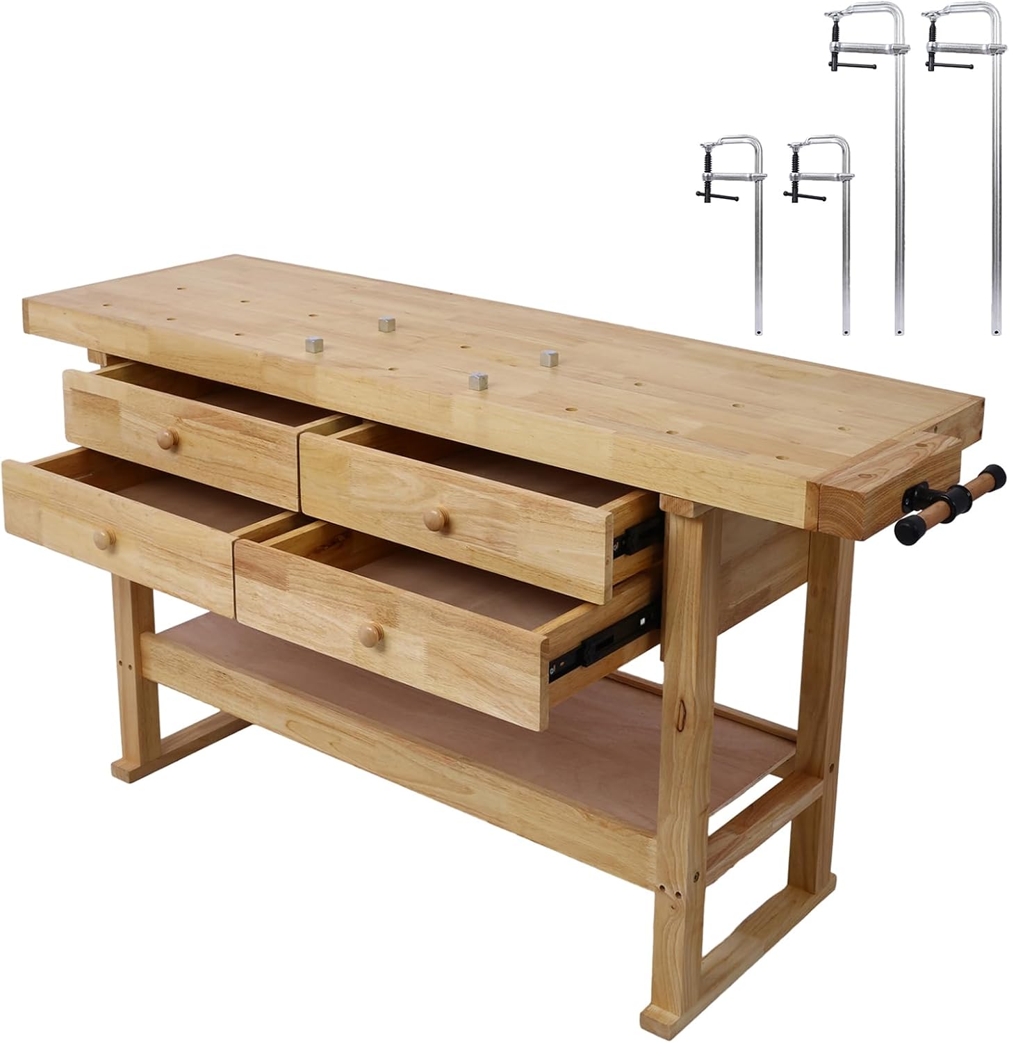 Wood Workbench, 60' Acacia Hardwood Workbench with 4 Drawer, Heavy Duty Work Bench Table, with Bar Clamps Set 2pcs 12' x 3'+ 2pcs 24' x4-3/4, for Garage, Workshop, Home Storage