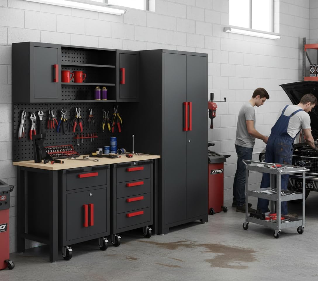 6Piece Garage Storage Cabinet System, Garage Cabinets and Storage System Workshop Set with Steel Cabinet, Cabinet Drawers, Workbench, Pegboard for Tool Organization