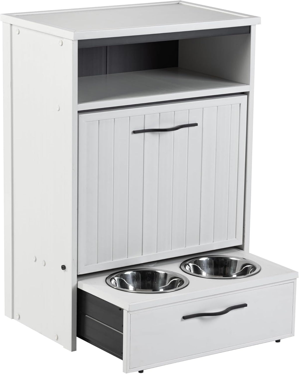 New Age Pet ECOFLEX Brea Dog Food Pantry in Antique White, Two 32 oz Bowls, Moisture Resistant, Easy Assembly, Holds 25 lbs