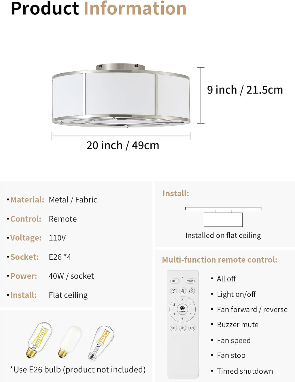 Caged Ceiling Fans with Lights Flush Mount, Low Profile Ceiling Fan with Lights Remote Control, 20'' Modern Bladeless 6 Speeds for Bedroom, Nursery, Kitchen, Silver