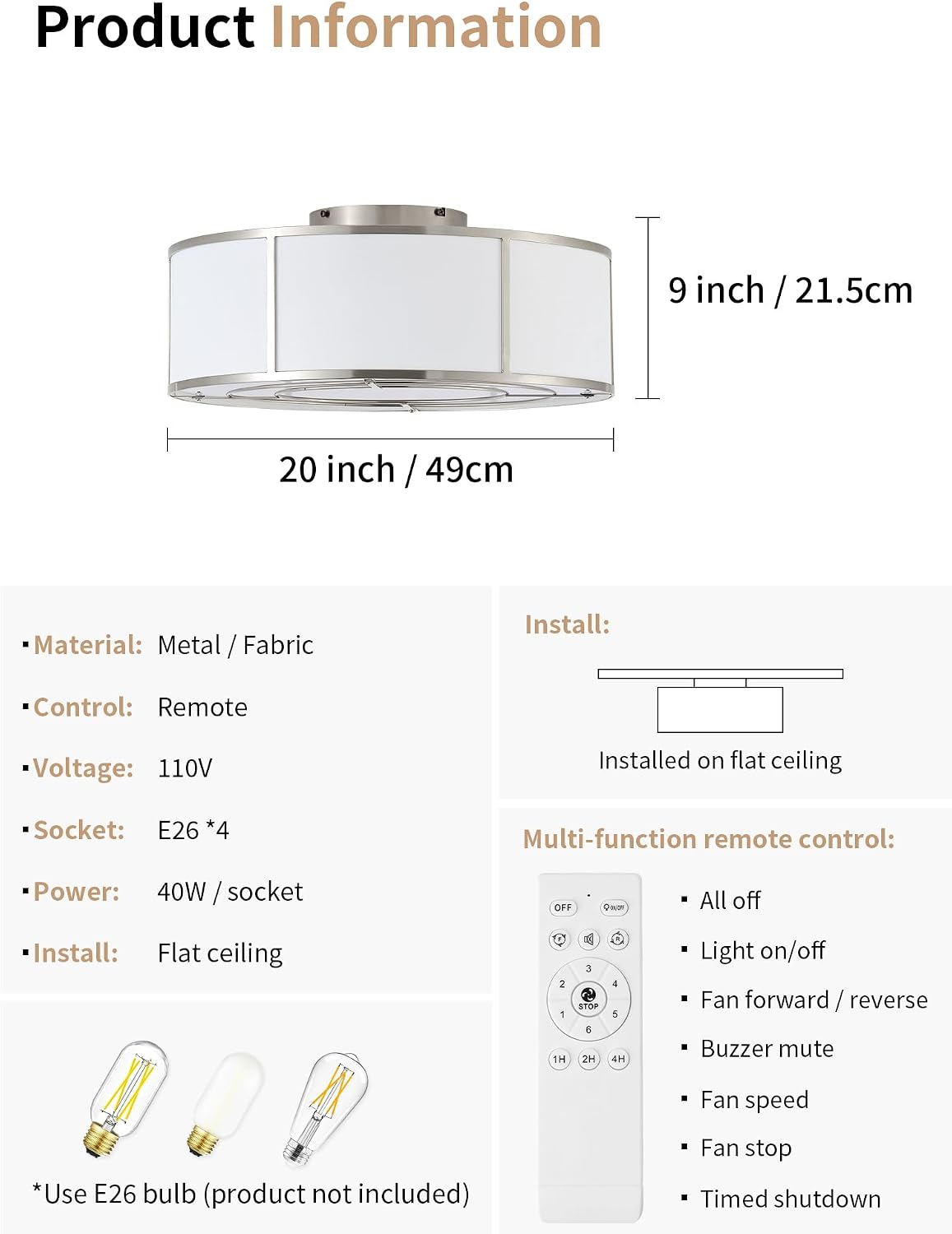 Caged Ceiling Fans with Lights Flush Mount, Low Profile Ceiling Fan with Lights Remote Control, 20'' Modern Bladeless 6 Speeds for Bedroom, Nursery, Kitchen, Silver