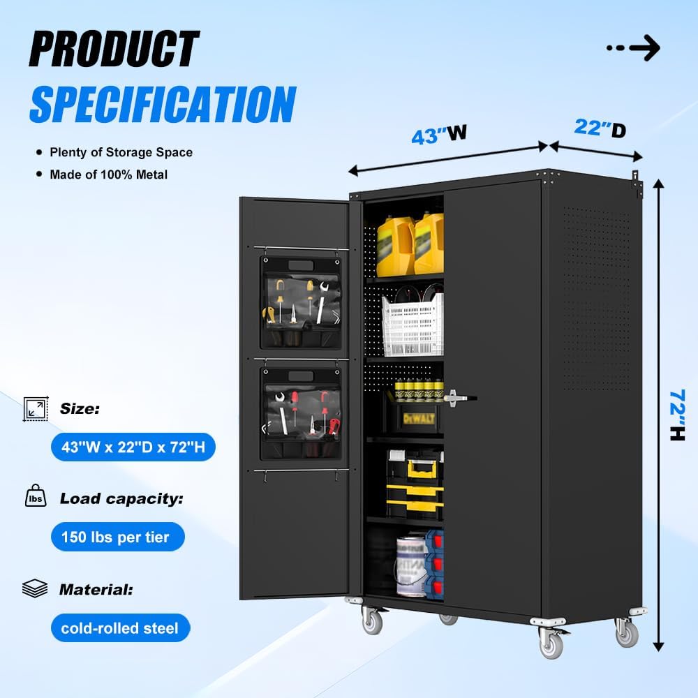 Yeeoy Wide & Deep Metal Garage Storage Cabinet with Pegboard & Adjustable Shelves, Lockable Storage Cabinet with Wheels, Tool Organization Cabinets for Office Garage Shop, 43''W x 22''D x 72''H, Black