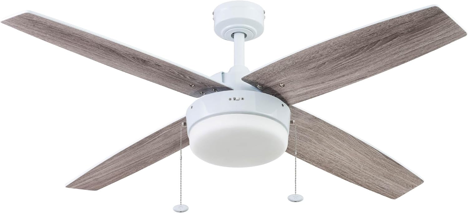 Prominence Home Memphis, 52 Inch Contemporary Indoor LED Ceiling Fan with Light, Pull Chain, Dual Mounting Options, 4 Dual Finish Blades, Reversible Motor - 51651-01 (Bright White)