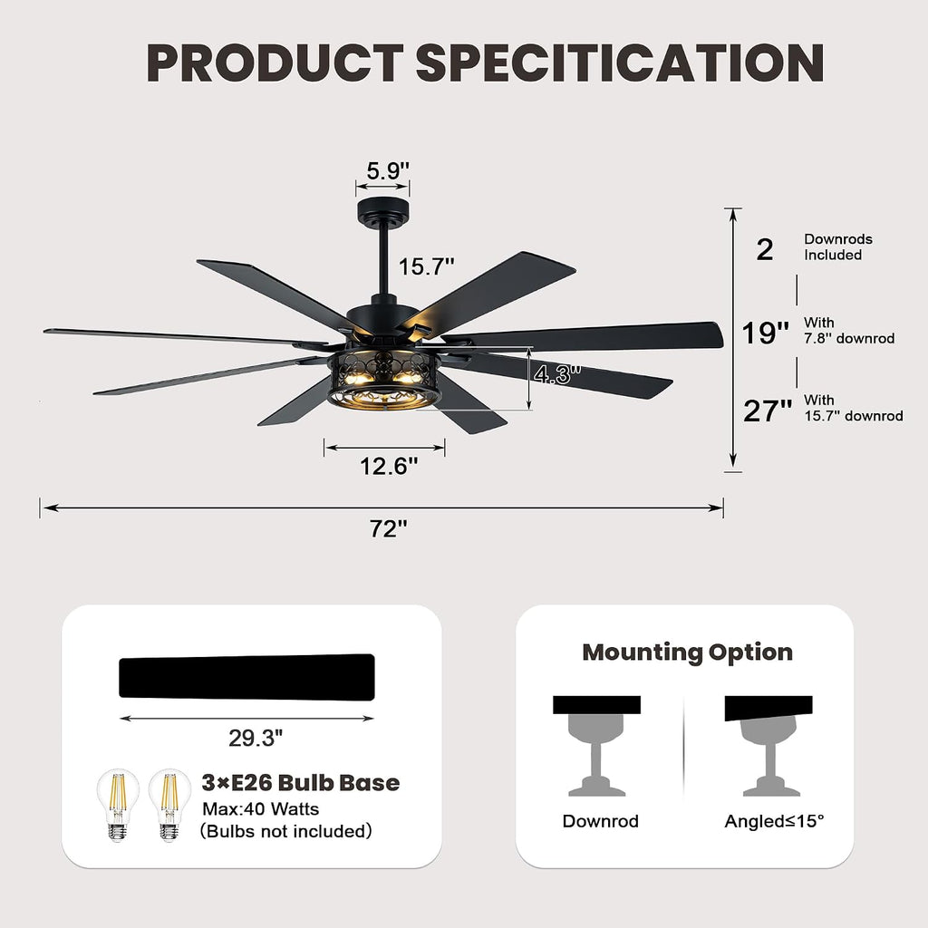 Dawn Whisper 72 Inch Ceiling Fans with Lights Black Farmhouse Ceiling Fan with Remote Quiet Reversible DC Motor 6 Speeds 8 Blades