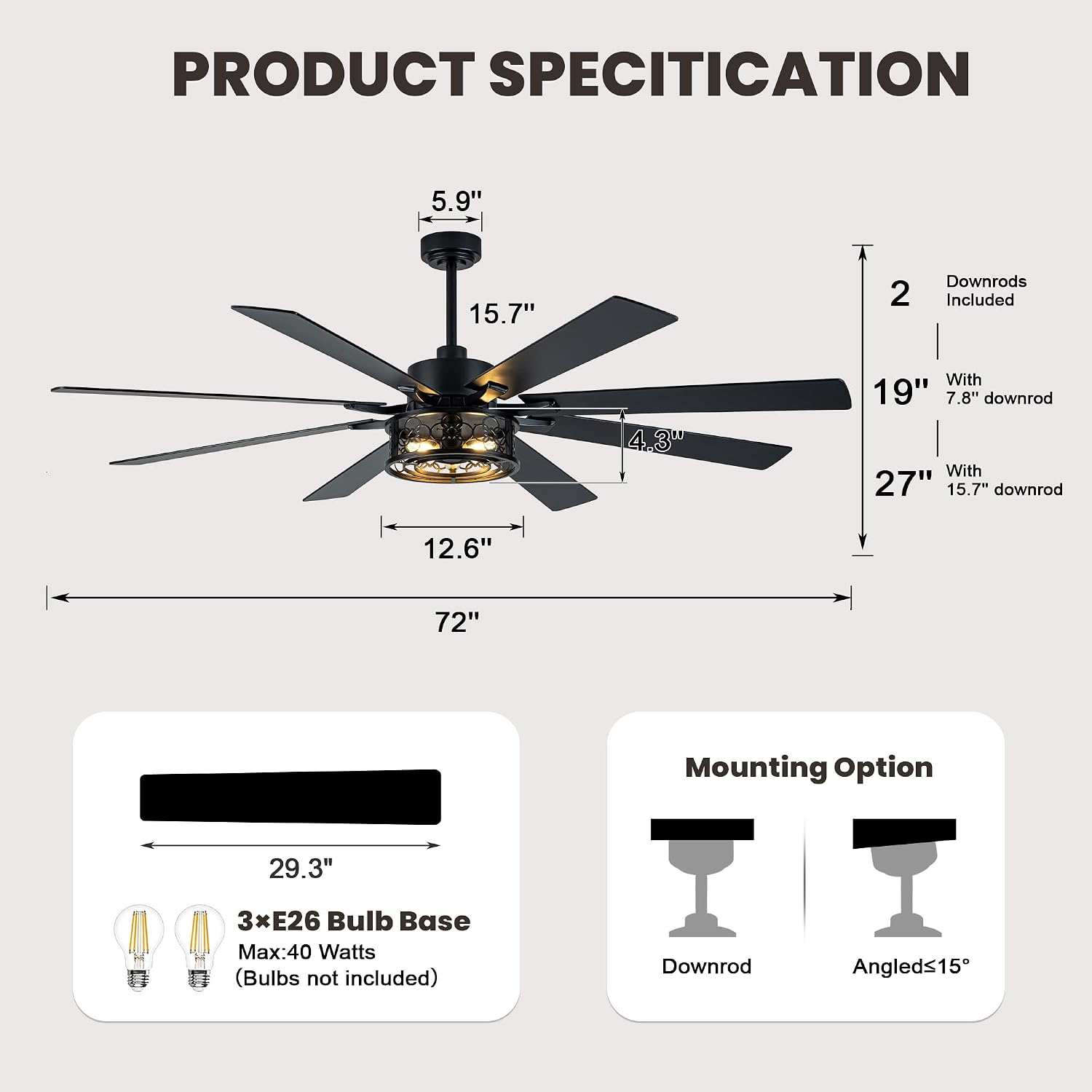 Dawn Whisper 72 Inch Ceiling Fans with Lights Black Farmhouse Ceiling Fan with Remote Quiet Reversible DC Motor 6 Speeds 8 Blades