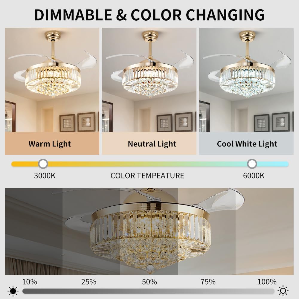 42'' Fandelier Ceiling Fans with Light, Chandelier Ceiling Fan, Retractable Crystal Ceiling Fan for Bedroom, Living Room, 3 Color Change, LED Dimmable, 6 Speeds, Reversible DC Motor-Gold