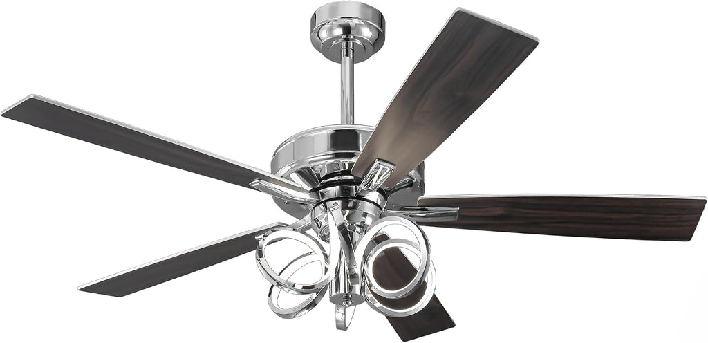 52 Inch Silver Ceiling Fans with Lights and Remote, Creative Modern Ceiling Fan for Bedroom Living Room with 3CCT, 6 Speeds, Timer, Dual-Sided Reversible 5 Blades Indoor Outdoor Chandelier Fan