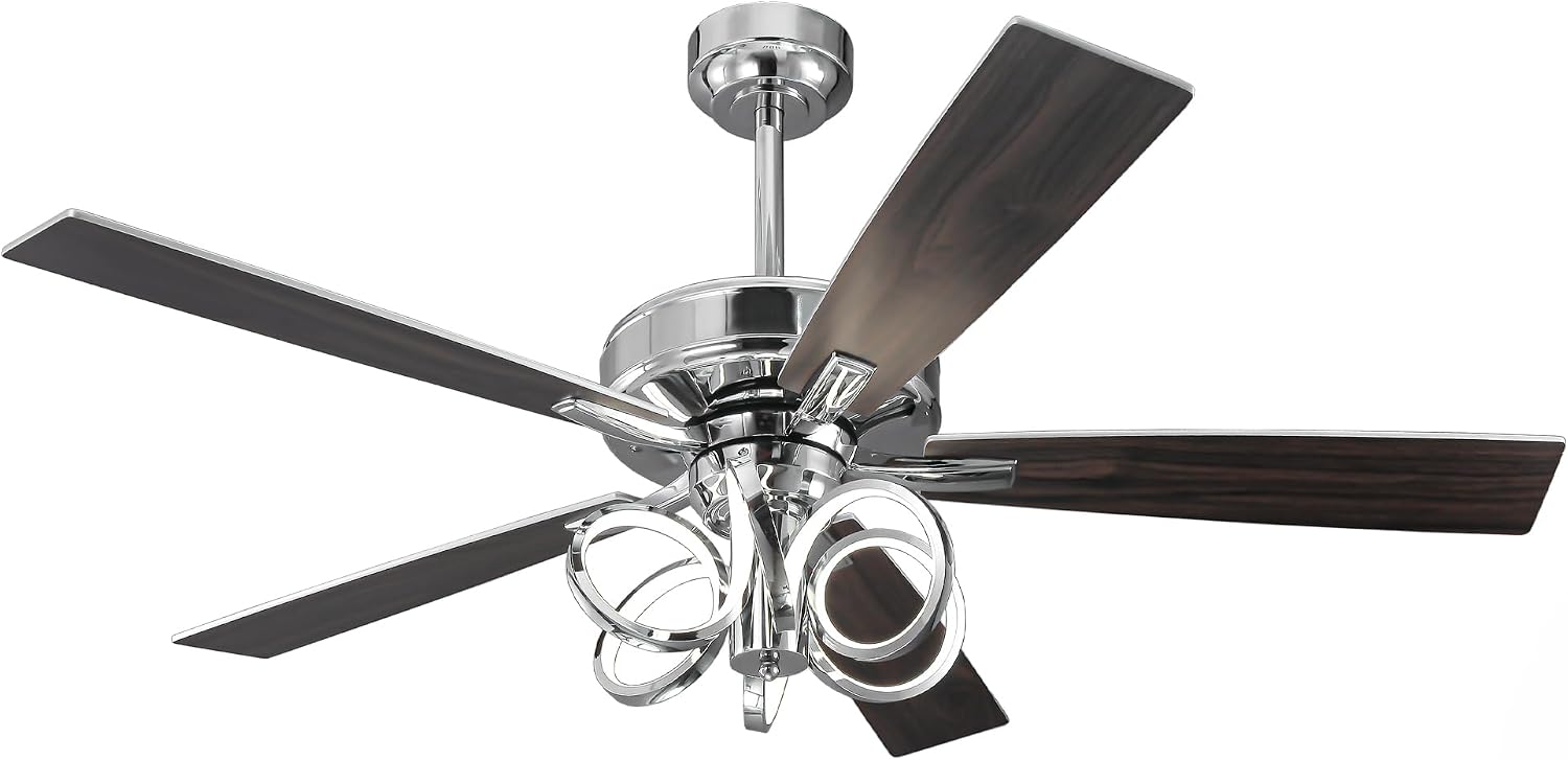 52 Inch Silver Ceiling Fans with Lights and Remote, Creative Modern Ceiling Fan for Bedroom Living Room with 3CCT, 6 Speeds, Timer, Dual-Sided Reversible 5 Blades Indoor Outdoor Chandelier Fan