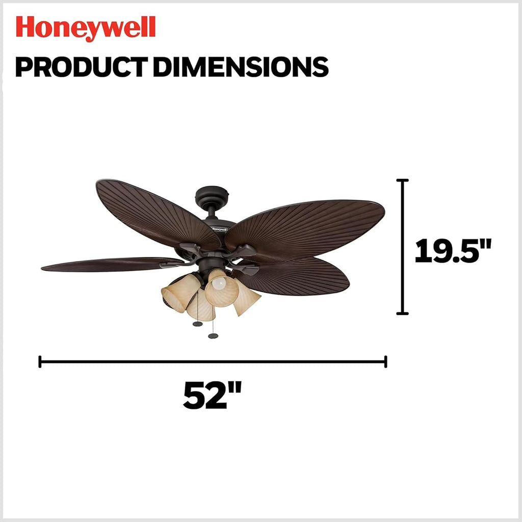 Honeywell Palm Island 52 Inch Tropical Indoor Outdoor Ceiling Fan, LED Light, 5 Palm Leaf Blades, Pull Chain Control, Quiet Motor, Oil Rubbed Bronze