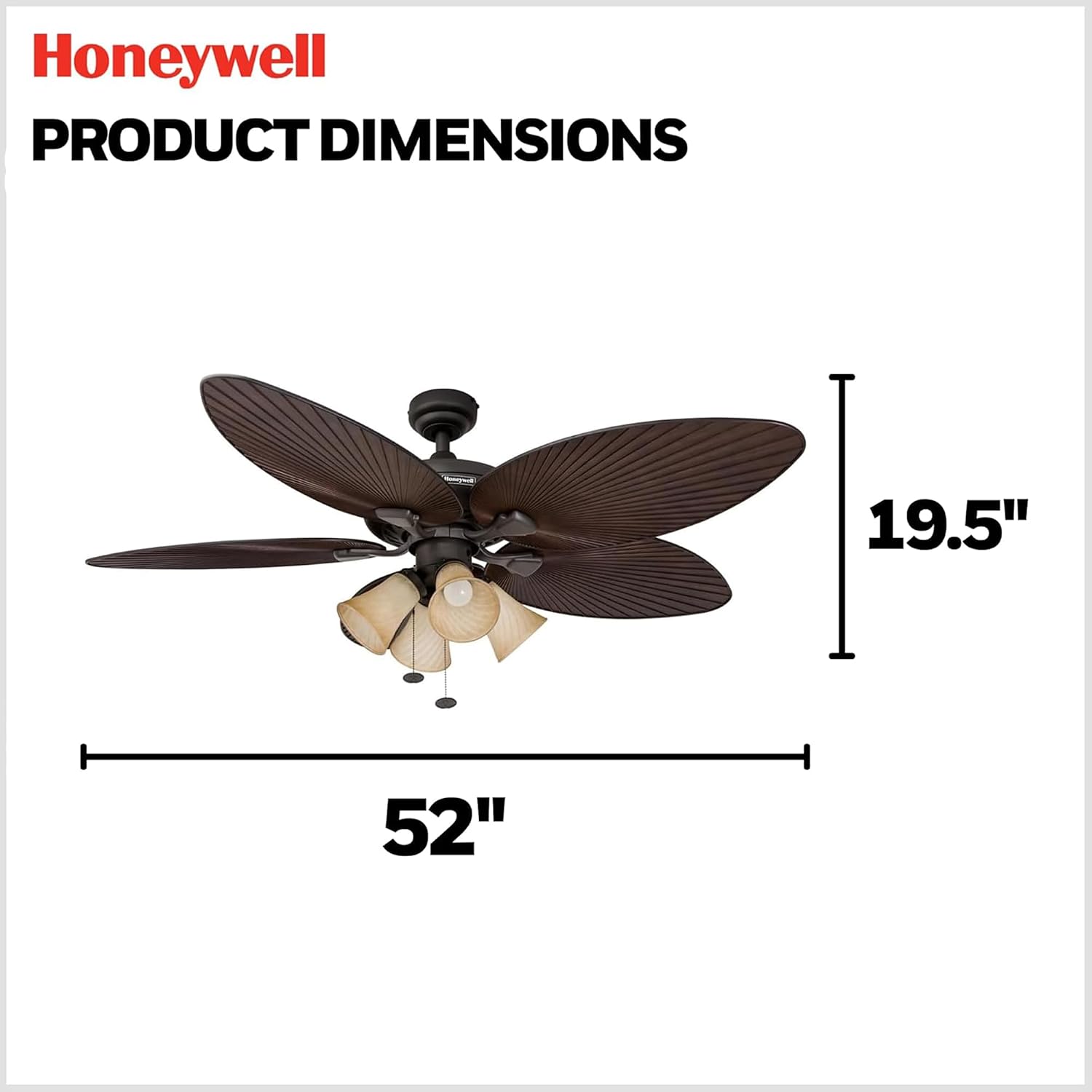Honeywell Palm Island 52 Inch Tropical Indoor Outdoor Ceiling Fan, LED Light, 5 Palm Leaf Blades, Pull Chain Control, Quiet Motor, Oil Rubbed Bronze