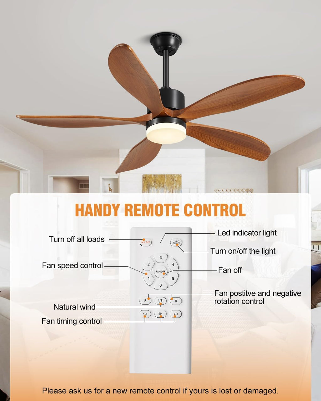 Yahada 52 Inch Ceiling Fans with Lights and Remote, USA Original Patent Outdoor Ceiling Fan, 5 Wood Blades, 3 Downrods, Timer, 6 Speeds ETL DC Motor Fans for Patios Porch Indoor Bedroom, Brown