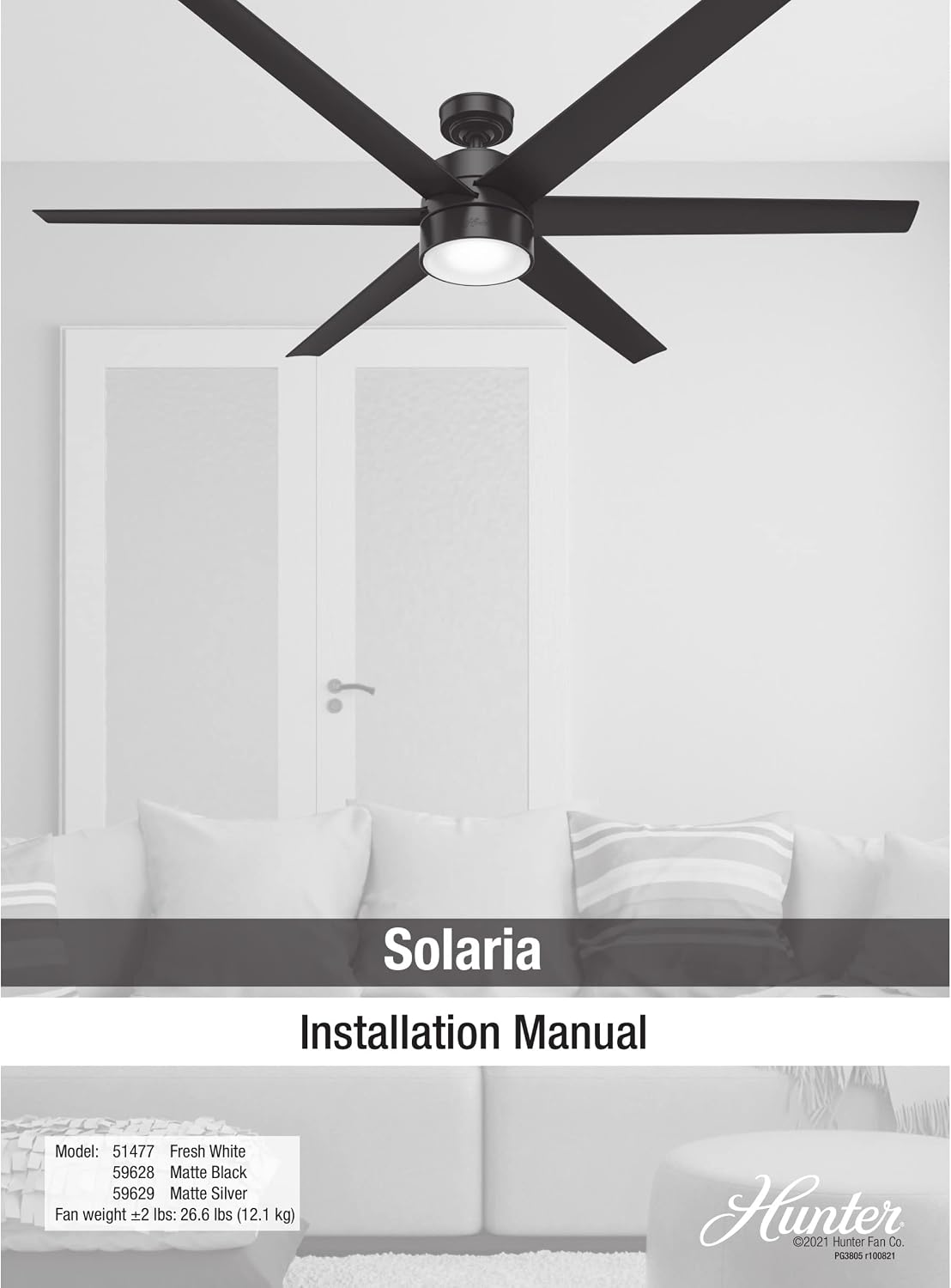 Hunter 72 inch Outdoor or Indoor Ceiling Fan with LED Light - Black Ceiling Fan with Wall Control, For Patio, Garage, or Porch, Quiet, Standard Mount, 6 Blades - Solaria 59628, Matte Black