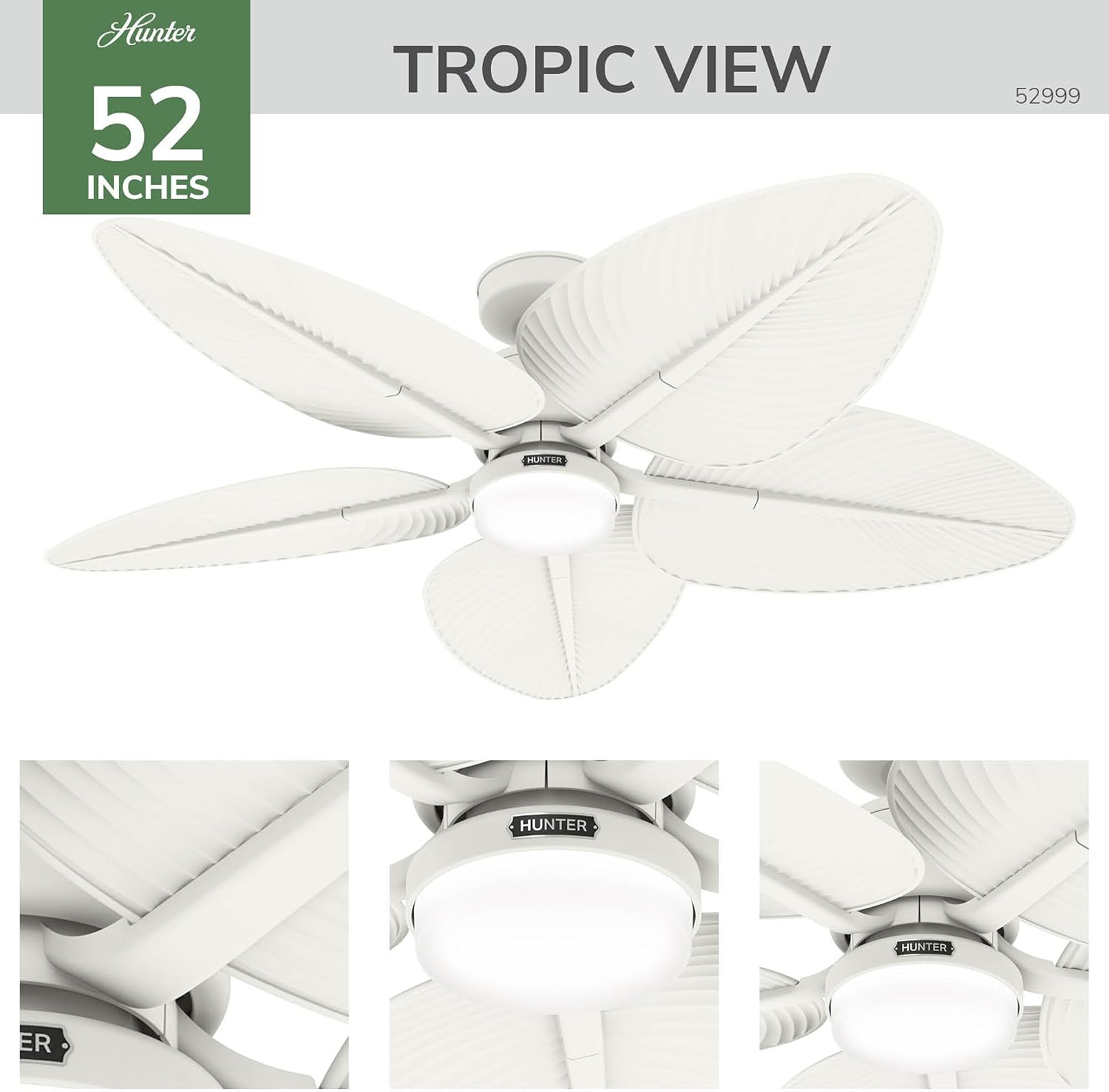 Hunter - Tropic View Indoor/Outdoor Ceiling Fan With Light, Wall Control, 52-inch Coastal-style, 6-speed DC Motor, for porches, patios, sunrooms, bathrooms (Matte White)