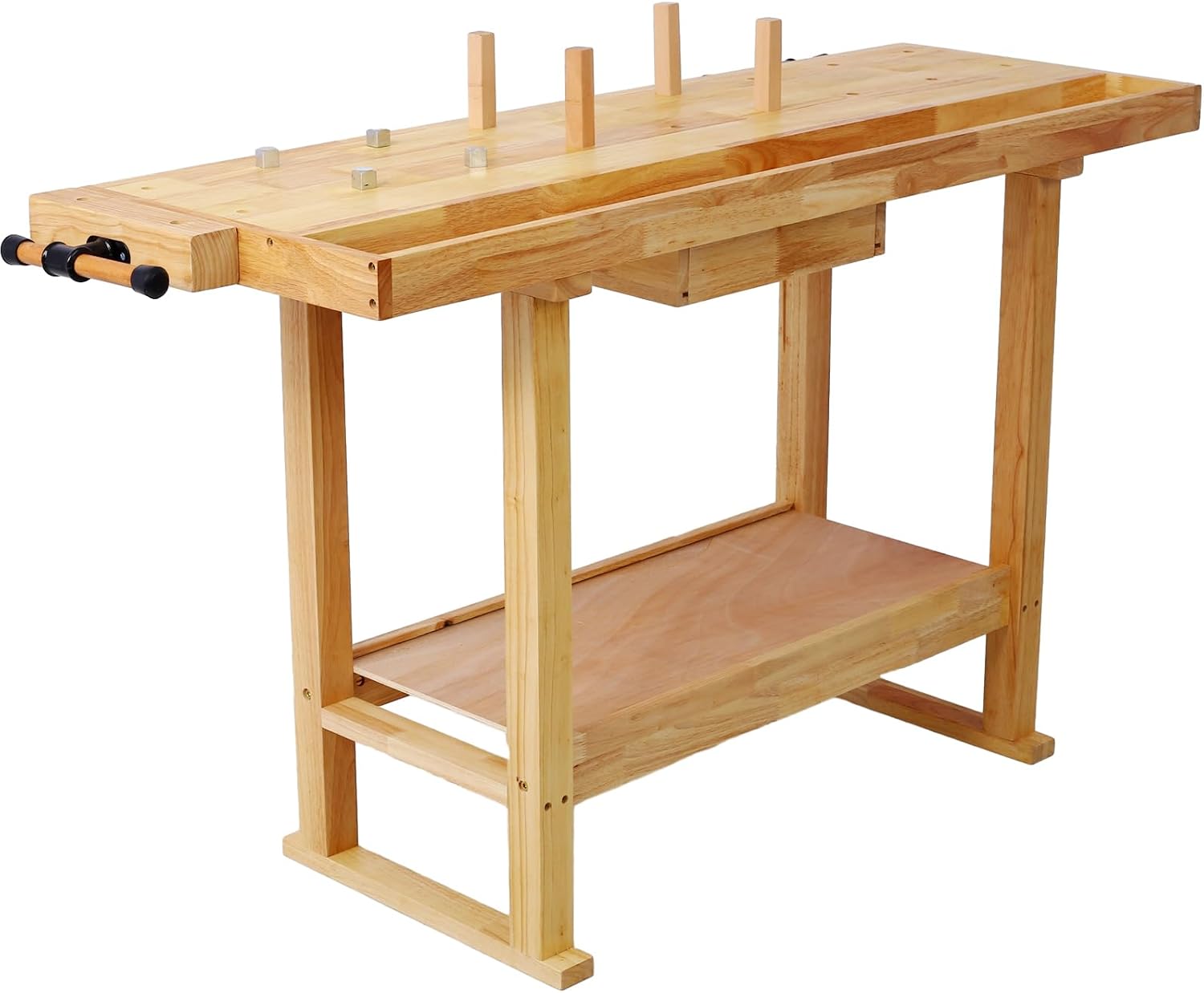 55 Inch Rubber Wood Workbench for Garage Workshop & Home with 4Pcs Bar Clamps (12' & 20'), Heavy Duty 330lbs Capacity, Storage Drawer & Shelves, Natural Finish