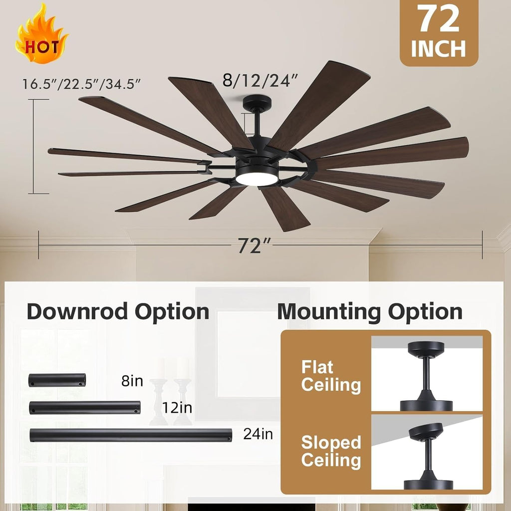 72'' Farmhouse Ceiling Fan with Light,12 Dual-Finish Wind Mill Blades, 3 Downrods, 6-Speed Reversible DC Motor, High CFM, 3CCT, Indoor Outdoor Industrial Fan for Patio Commercial Shop Garage