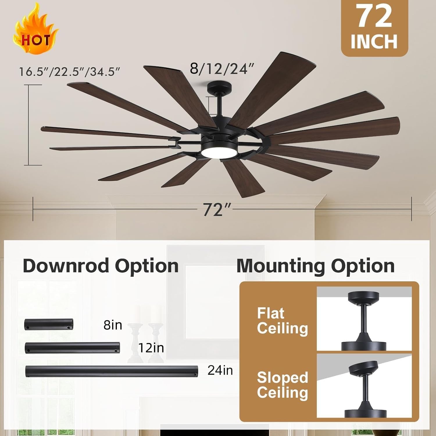 72'' Farmhouse Ceiling Fan with Light,12 Dual-Finish Wind Mill Blades, 3 Downrods, 6-Speed Reversible DC Motor, High CFM, 3CCT, Indoor Outdoor Industrial Fan for Patio Commercial Shop Garage