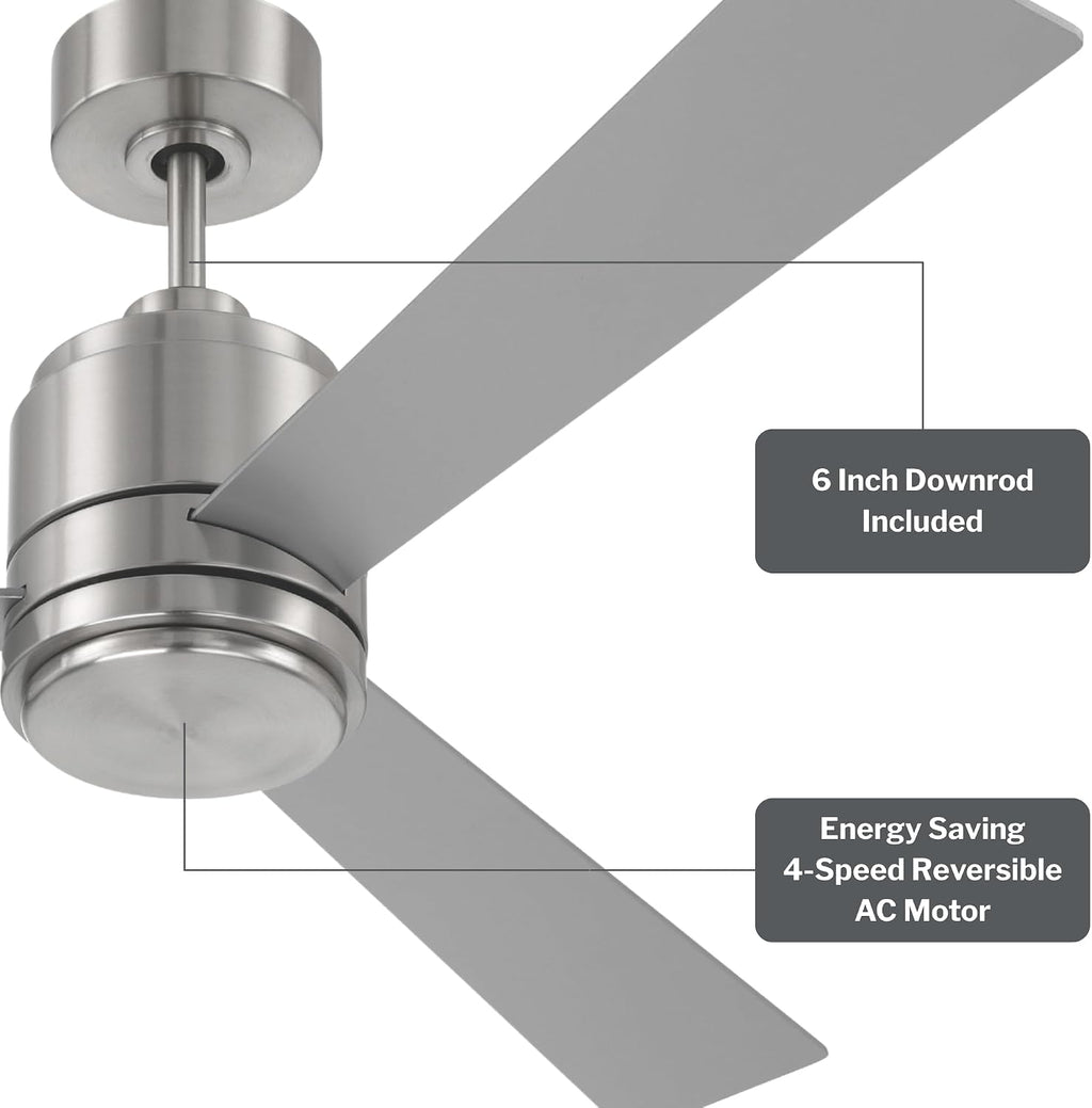 Craftmade McCoy 52' Indoor Ceiling Fan | 3-Blade Brushed Nickel | Integrated 18W Dimmable 3000K LED Light | Hardwired Wall Control, 4-Speed Reversible Motor | Rated for Indoors Only