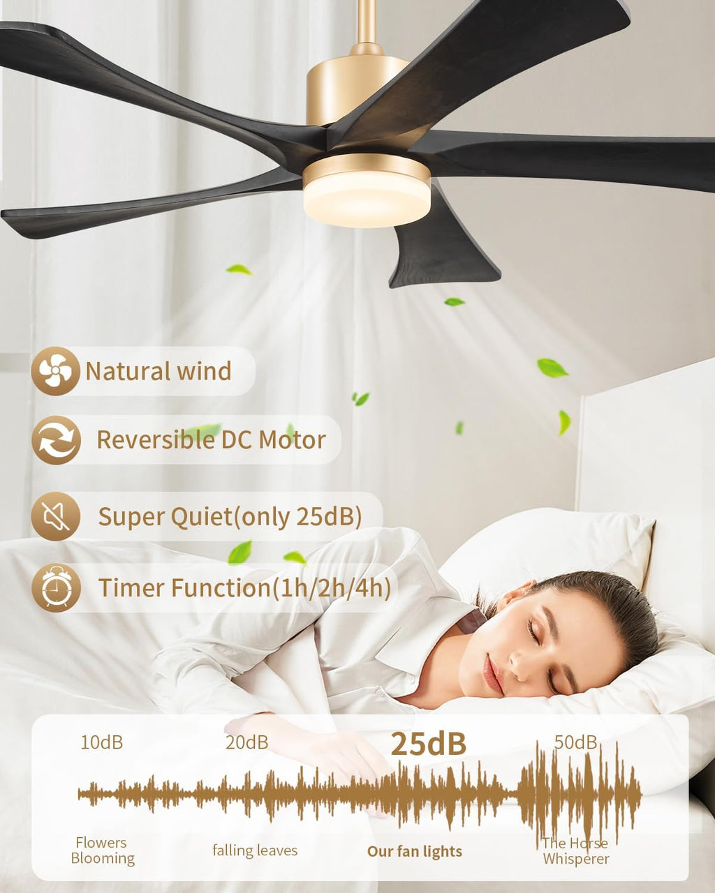 52' Black and Gold Ceiling Fan with Lights and Remote, Indoor/Outdoor Ceiling Fan for Patios, USA Original Patent, ETL Listed, 3 Downrod, 5 Blades, 6 Speeds Reversible DC Motor Fan, 52', Gold Black