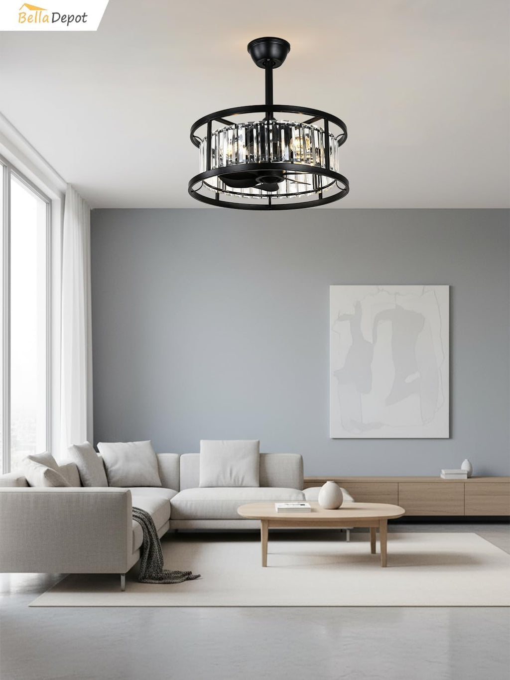 Bella Depot 20' Black Flush Mount Ceiling Fan, Caged Crystal Chandelier Fan with Light (No Bulbs Included), Quiet DC Motor for Bedroom Dining Living Room