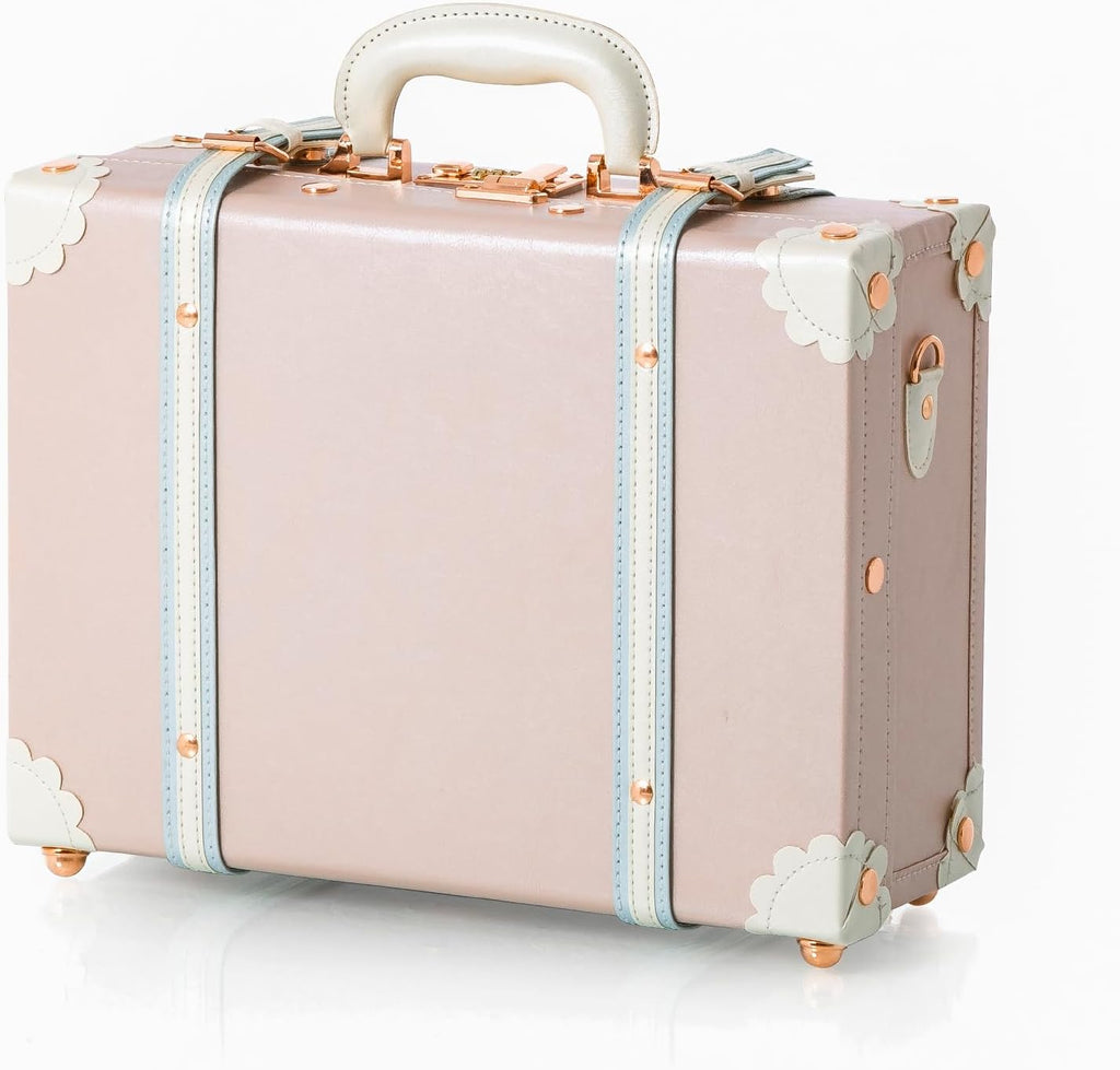 COTRUNKAGE 16' Carry On Suitcase Cute Pu Overnight Vintage Trunk Luggage Bag for Women with Combination Locks, Cherry Pink