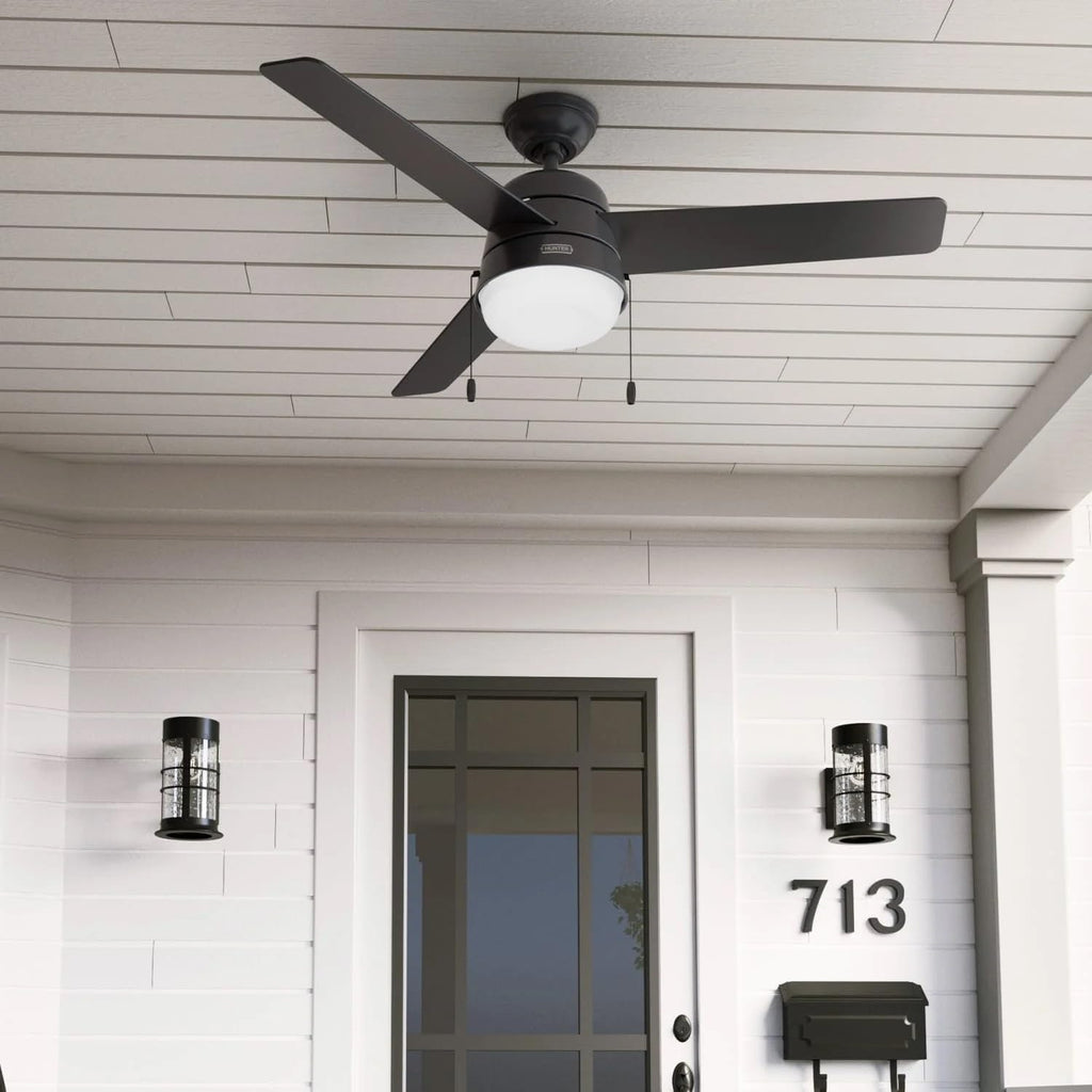 Hunter Fan 52 inch Ceiling Fan with Light, Outdoor or Indoor Black Ceiling Fan with Pull Chain for Porch, Living Room, Office, Kitchen, Garage, 3 Blades (Renewed)