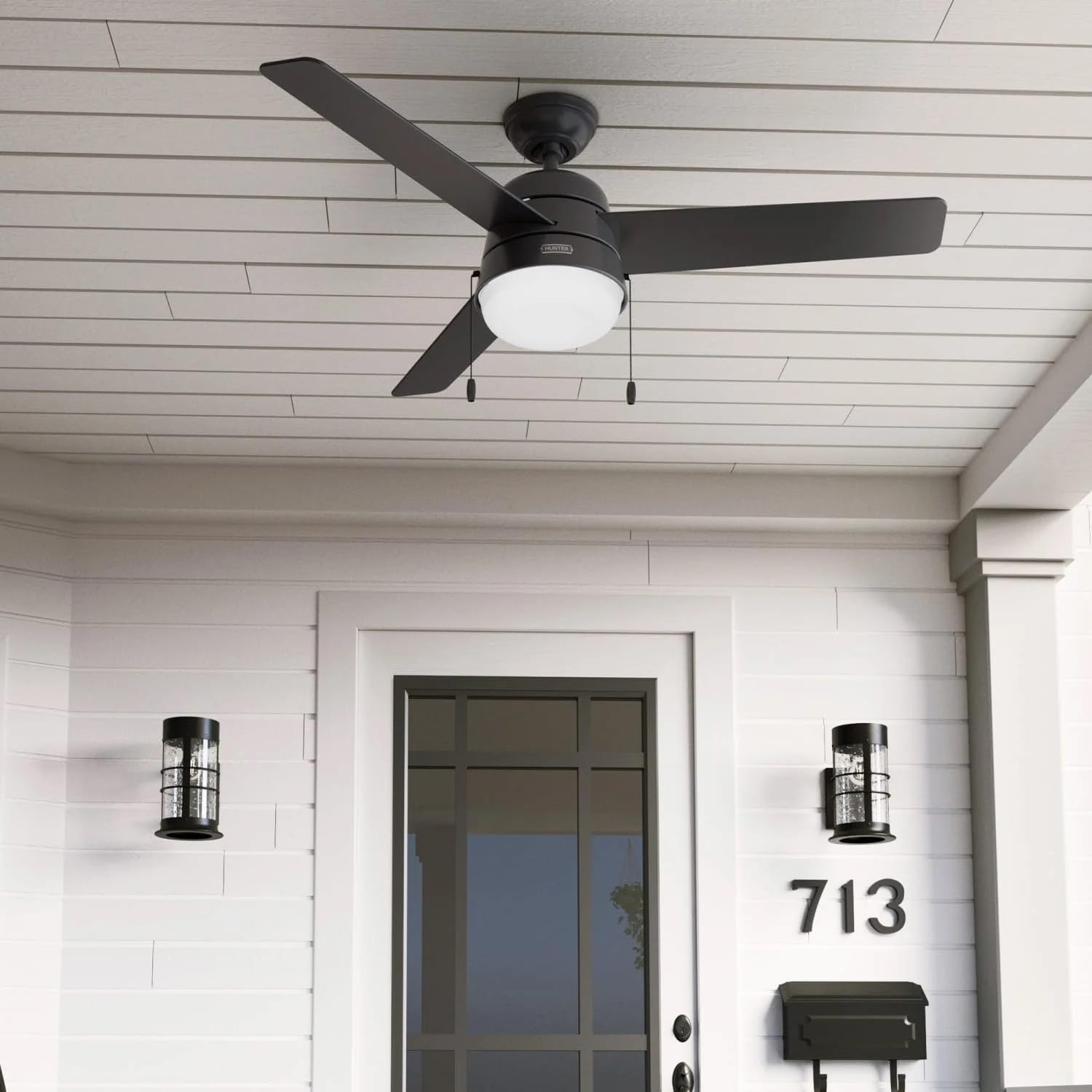 Hunter Fan 52 inch Ceiling Fan with Light, Outdoor or Indoor Black Ceiling Fan with Pull Chain for Porch, Living Room, Office, Kitchen, Garage, 3 Blades (Renewed)
