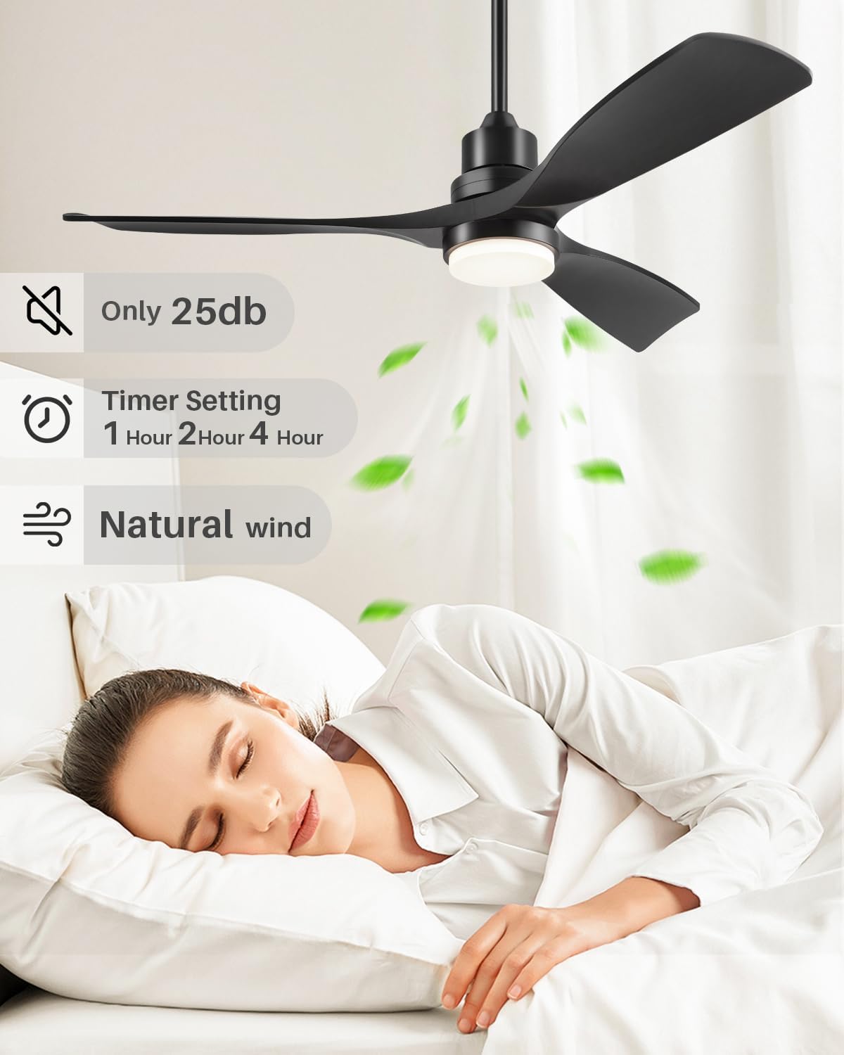 72 Inch Ceiling Fans with Lights Remote, Black Ceiling Fan Light, 3 Downrods, 3 Wood Blades, ETL Listed, Timer, 6 Speed Quiet Reversible DC Motor Outdoor Fans for Patios Bedroom, 72in,Black